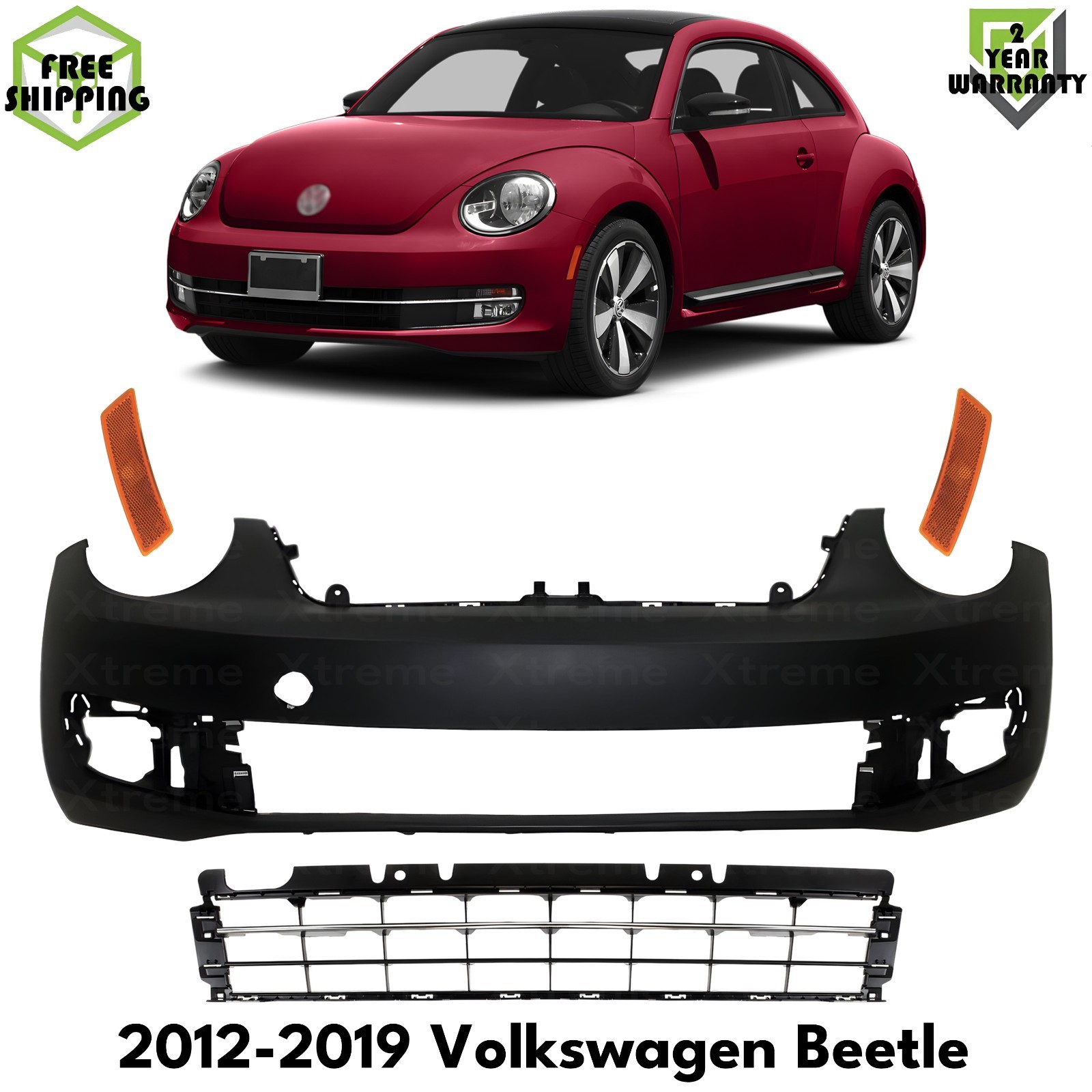 Front Bumper Cover Primed Plastic & Bumper Grille For 2012-19 Volkswagen Beetle