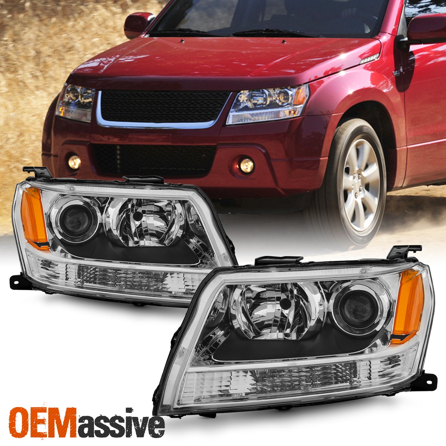 For 2006-2008 Suzuki Grand Vitara Halogen Projector Chrome Headlights Pair LH+RH