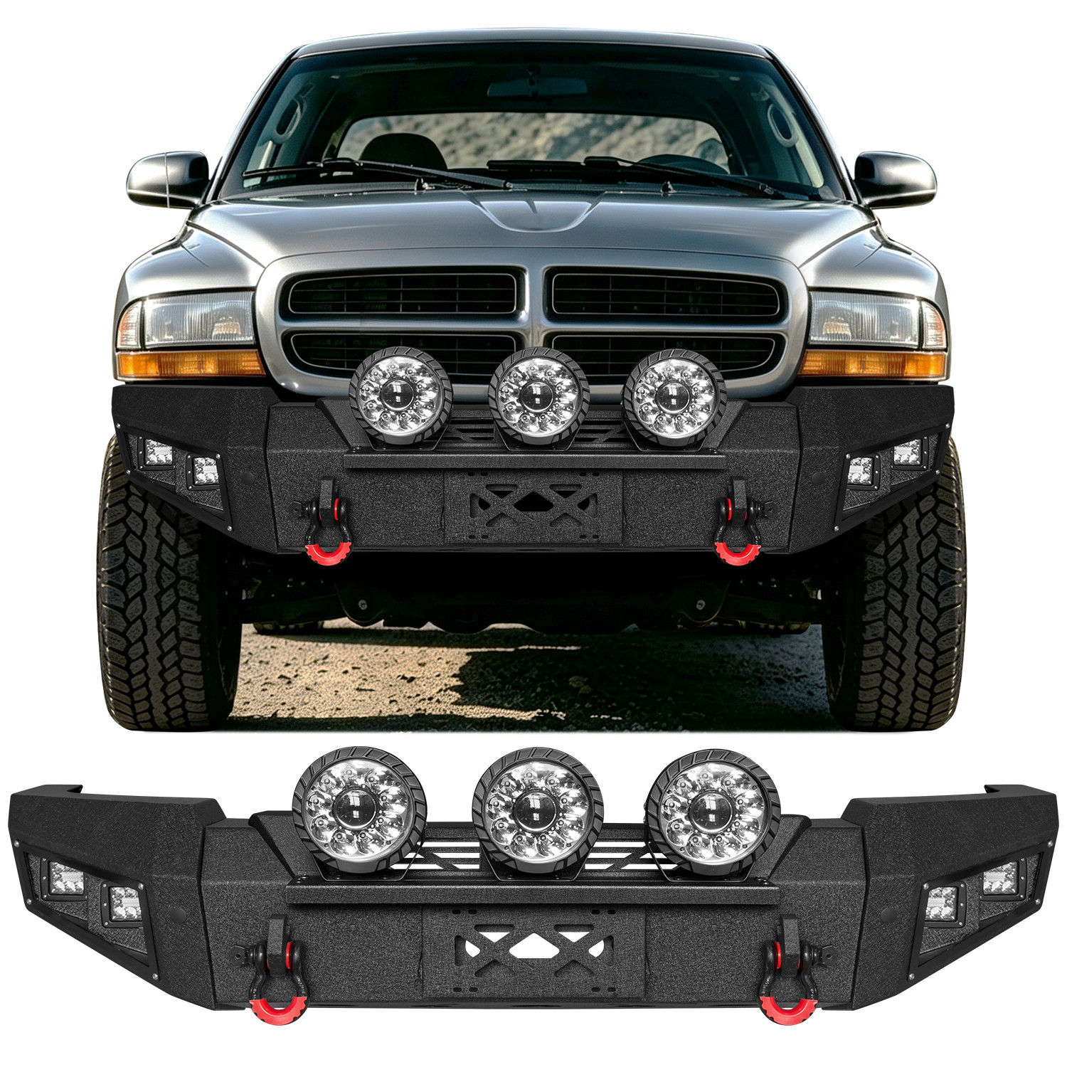 VIJAY Front/Rear Bumpers For 1997-2004 Dodge Dakota with Winch Plate & LEDLights