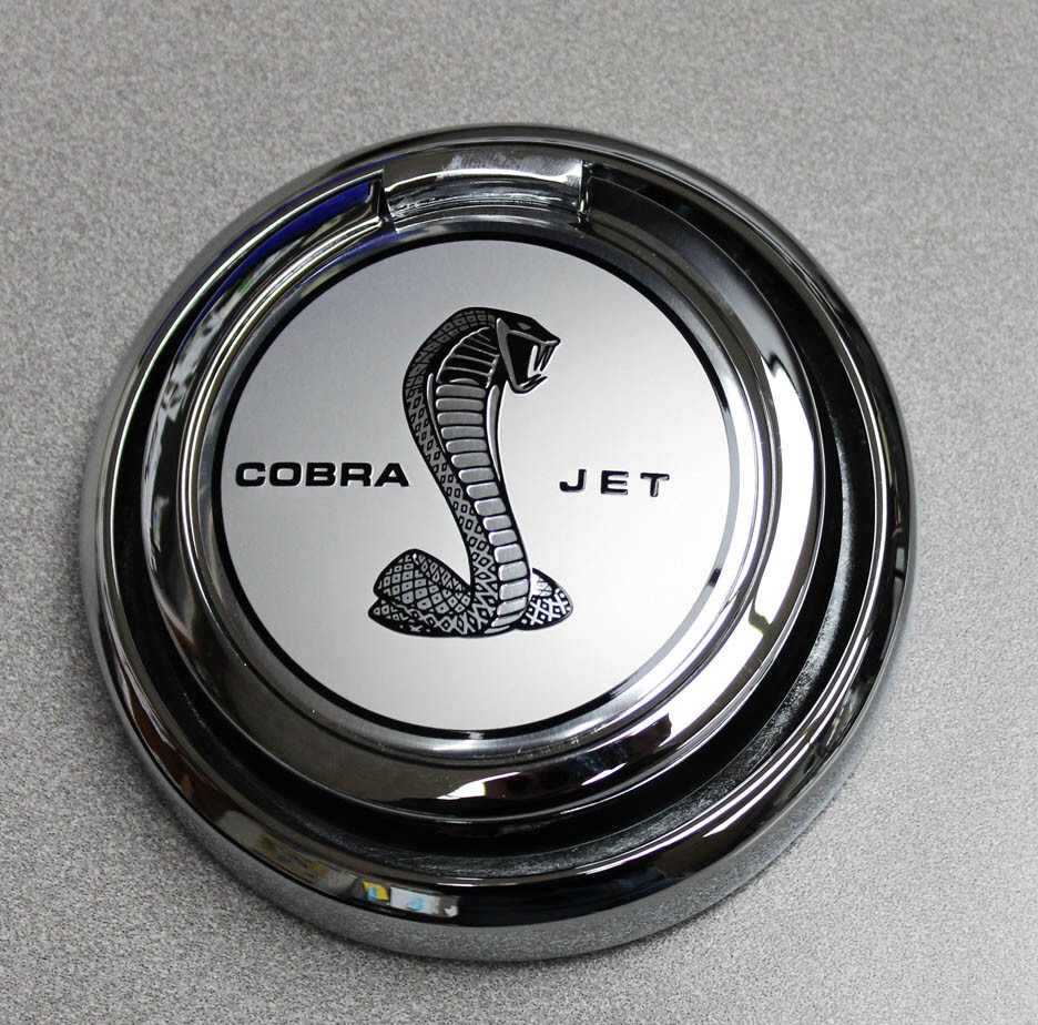 New 1967 - 1970 Ford Mustang Pop Open Gas Cap with Cobra Jet Emblem Silver New 1967 - 1970 Ford Mustang Pop Open Gas Cap with Cobra Jet Emblem Silver