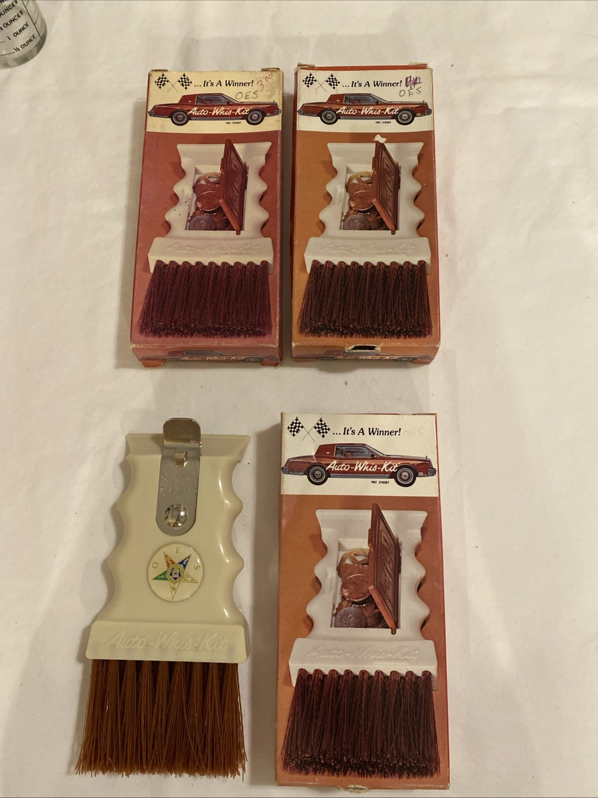 3 Vintage Auto-Whis-Kit Accessory w/Box Ice Scraper Broom Coin Box Bottle Opener 3 Vintage Auto-Whis-Kit Accessory w/Box Ice Scraper Broom Coin Box Bottle Opener