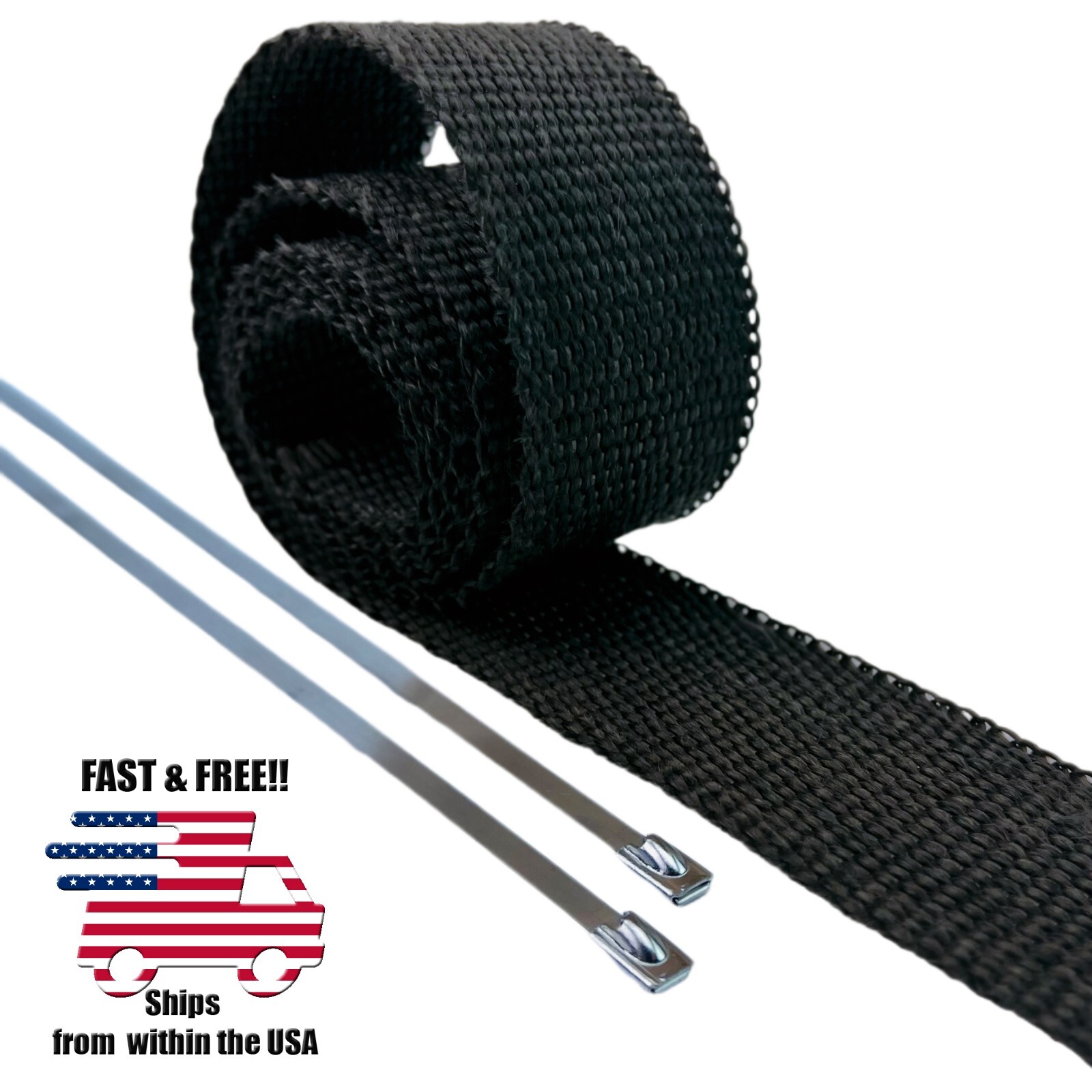 5ft BLACK FIBERGLASS WRAP W/ 2 STAINLESS STEEL TIES - HEAT SHIELD INSULATION KIT