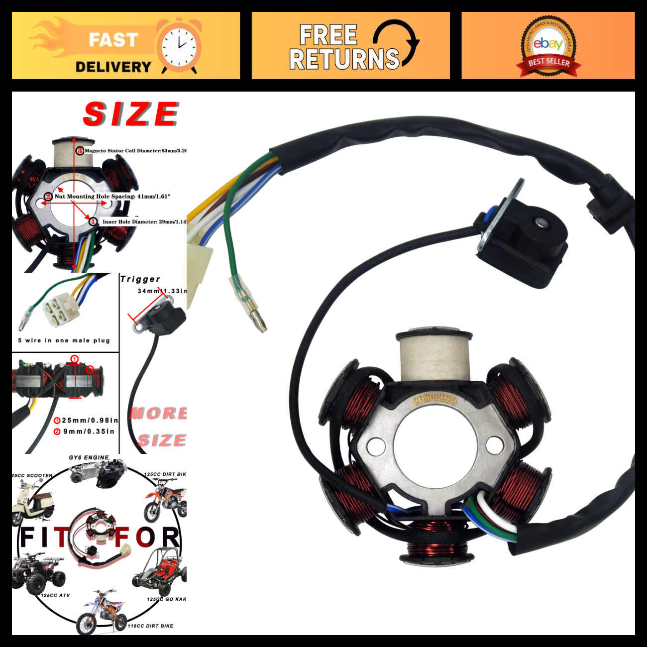 5 Wire AC Ignition Stator Magneto Coil 6 Pole for GY6 125cc 150cc Scooter Parts 5 Wire AC Ignition Stator Magneto Coil 6 Pole for GY6 125cc 150cc Scooter Parts