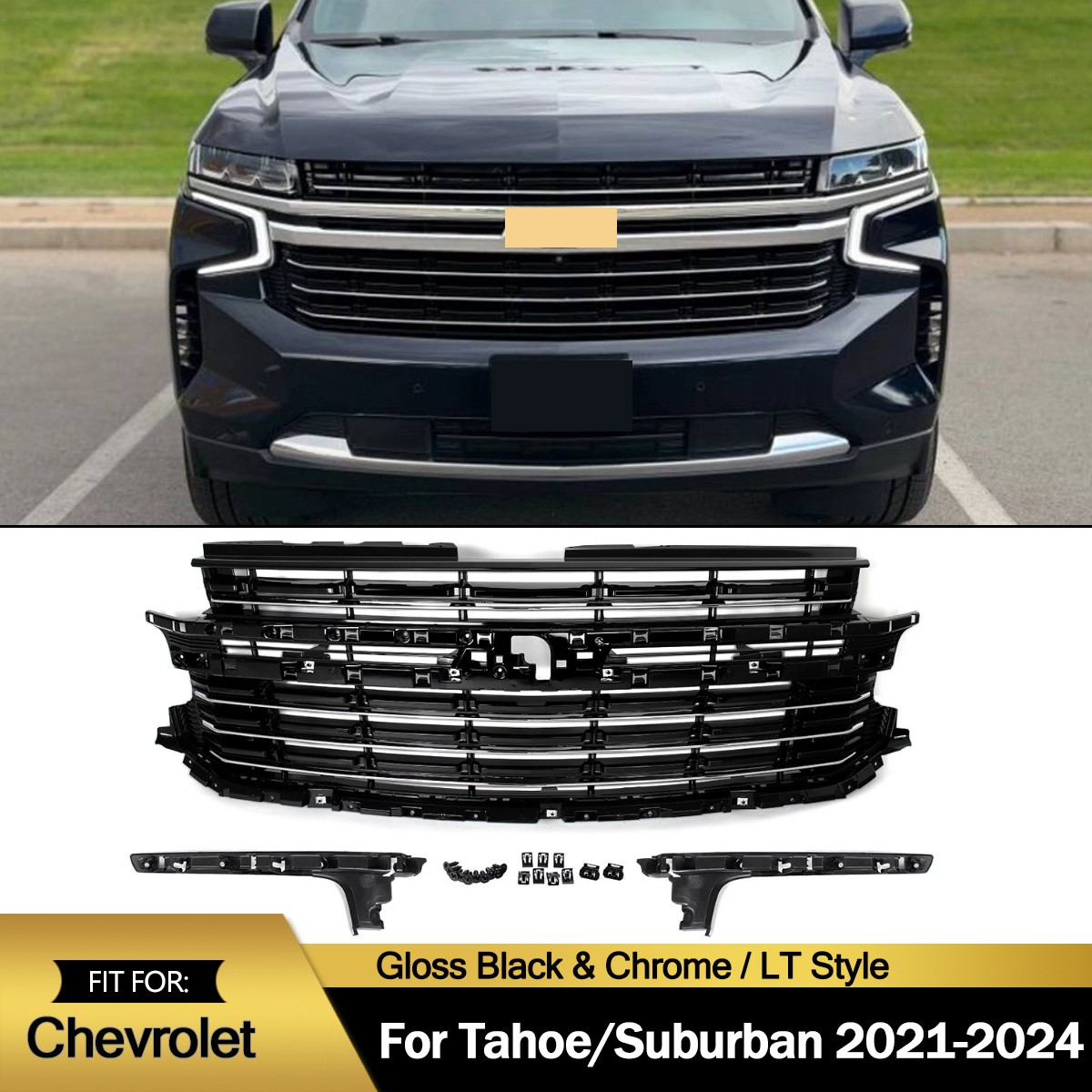 Gloss Black & Chrome Front Grille For 2021-2024 Chevy Tahoe Suburban LT 84634392