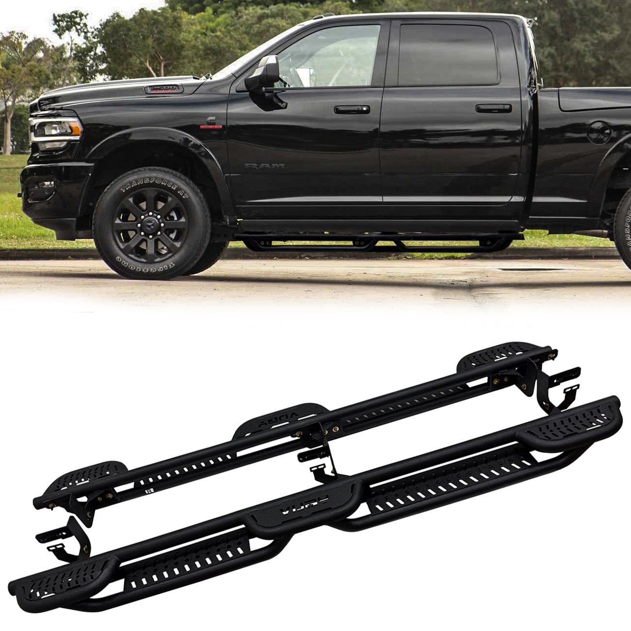 Vijay Running Boards For 2010-2024 Dodge Ram 2500/3500 Crew Cab Steel Nerf Bars