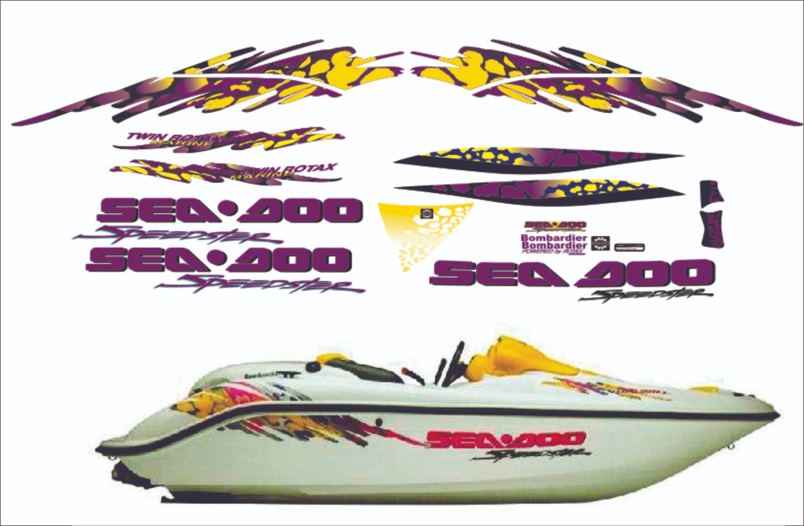  SEADOO SPEEDSTER 1996 GRAPHICS /DECAL / Sticker KIT purple, blue ,yellow
