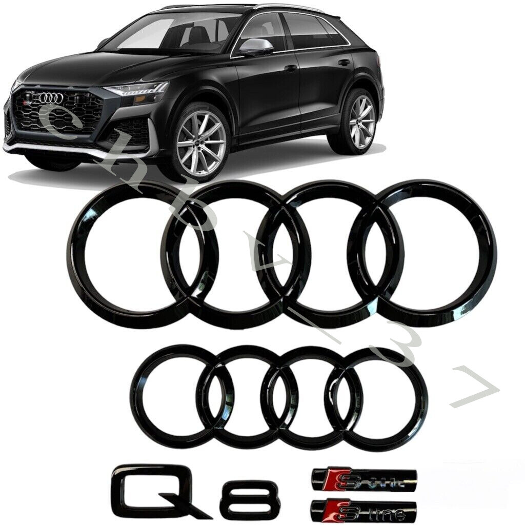 AUDI Q8 Emblem GLOSS BLACK Hood Trunk Ring S Line Rear Logo Badge Set 2019-23