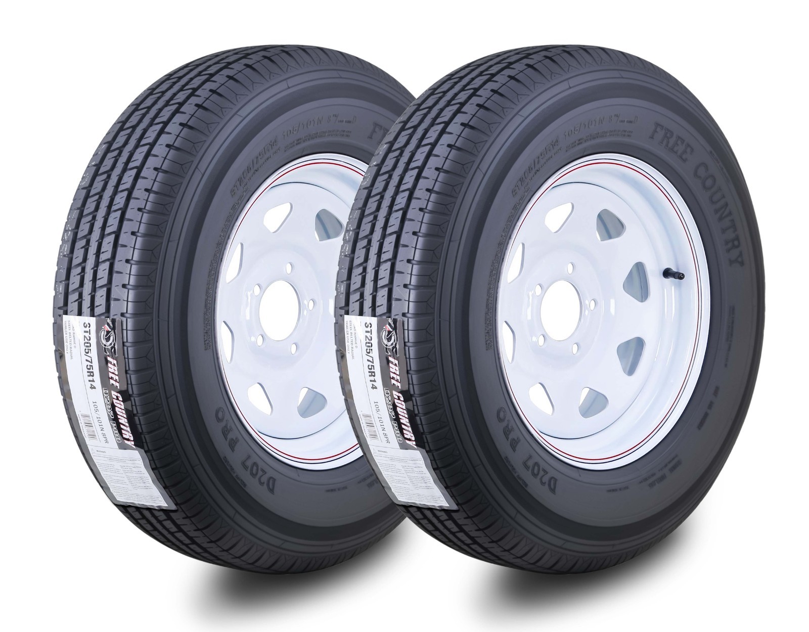 2 FC Trailer Tire Assembly ST205/75R14 8-Ply White Spoke Rim 5 Lug on 4.5\ 2 FC Trailer Tire Assembly ST205/75R14 8-Ply White Spoke Rim 5 Lug on 4.5\