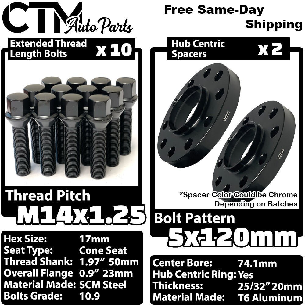 2x 20mm Thick 5x120 74.1 CB Hubcentric Wheel Spacer Black 14x1.25 Bolt BMW X5 X6