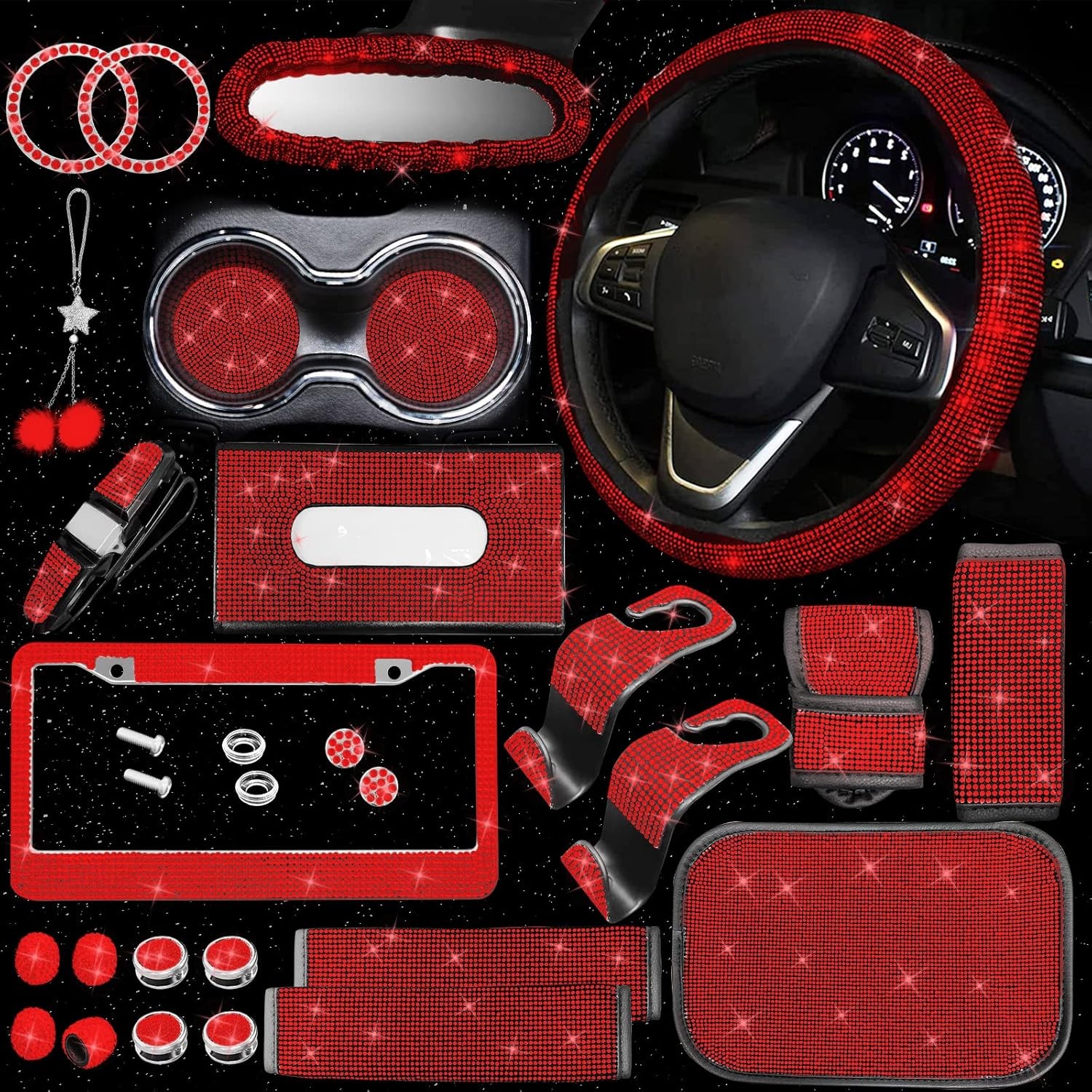 25PCS Bling Car Parts Set, Set Female Plug Universal 15 Inch, Red 25PCS Bling Car Parts Set, Set Female Plug Universal 15 Inch, Red