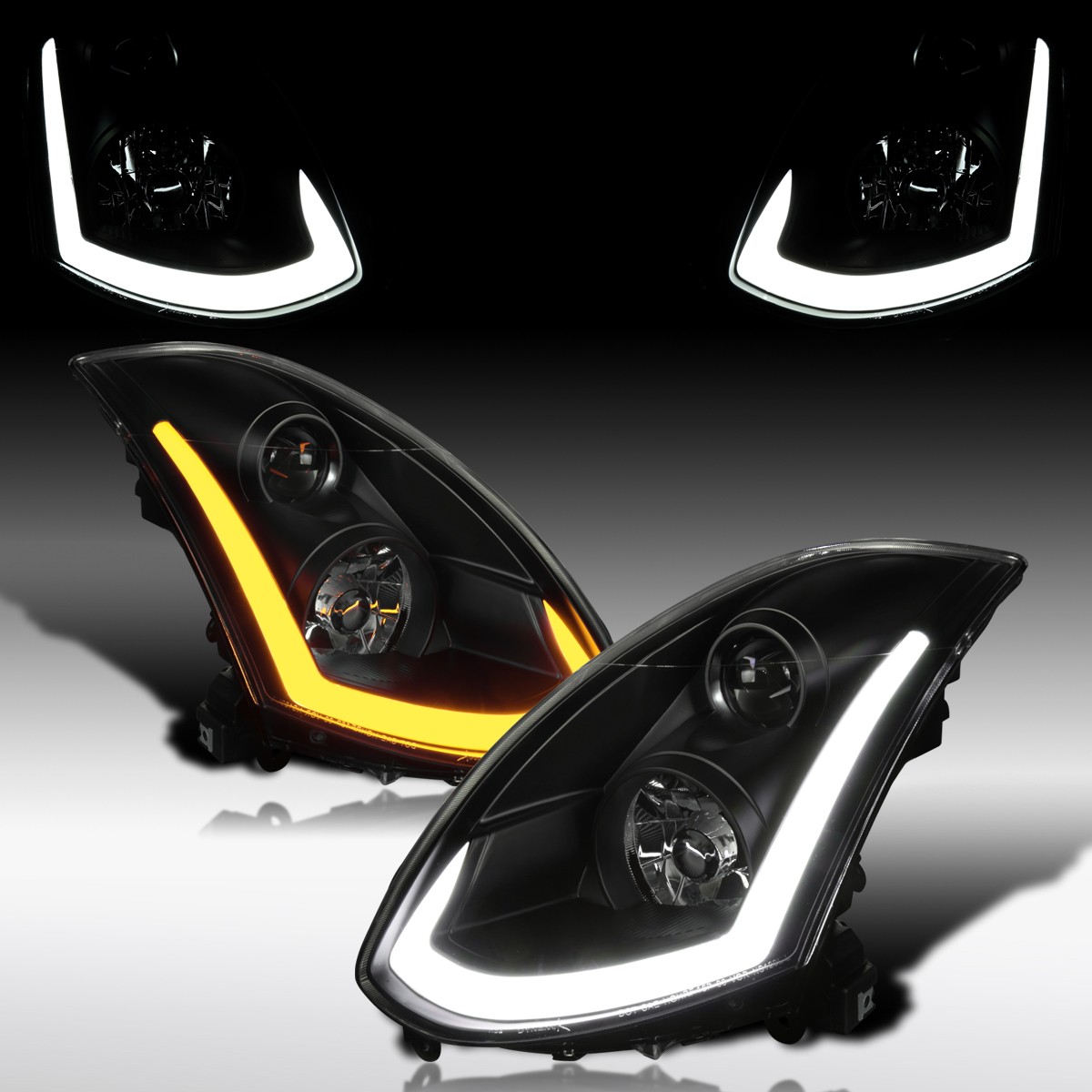 Fit 2003-2007 Infiniti G35 Coupe Black Smoke Projector Headlights LED Sequential Fit 2003-2007 Infiniti G35 Coupe Black Smoke Projector Headlights LED Sequential