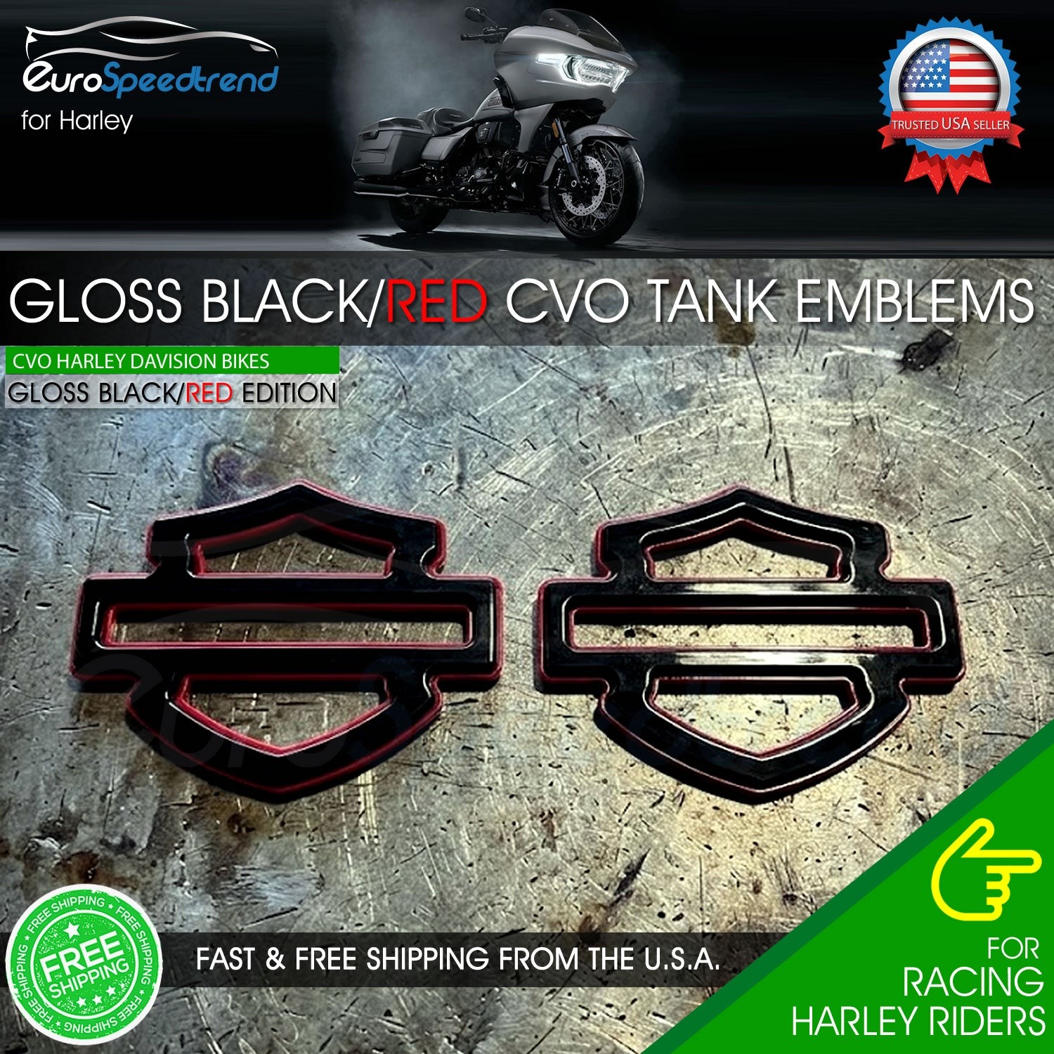 Harley CVO Custom Tank Emblems Gloss Black Red 3D Logo Road Glide Set of 2 Harley CVO Custom Tank Emblems Gloss Black Red 3D Logo Road Glide Set of 2