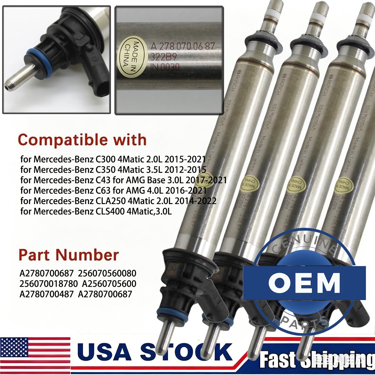 4PCS OEM Fuel Injectors A2780700687 for Mercedes Benz C300 2.0T CLA250 E300 AMG