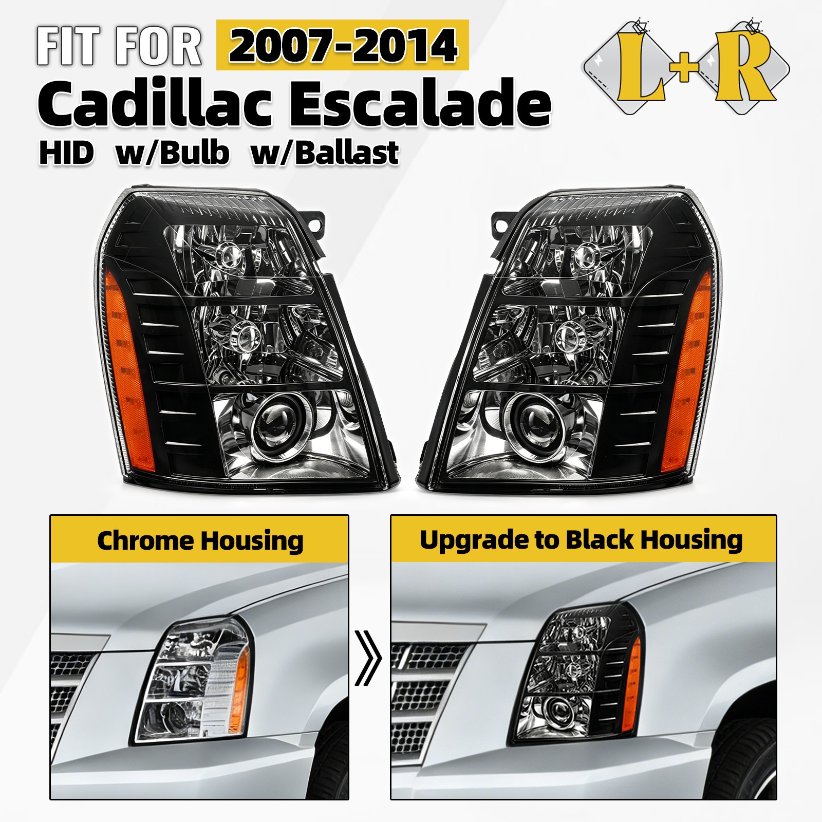 Chrome Upgrade Black HID Headlight For 2007-2014 Cadillac Escalade w/Bulb Pair Chrome Upgrade Black HID Headlight For 2007-2014 Cadillac Escalade w/Bulb Pair