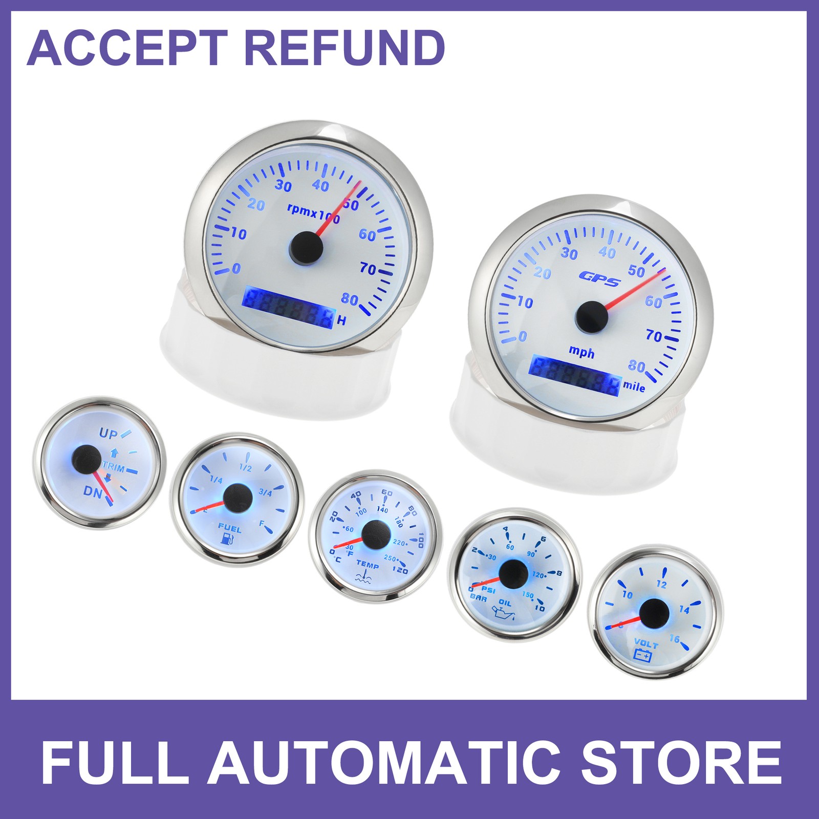 Boat 7 Gauge Set GPS Speedometer Tacho Fuel/Temp/Oil/Volt/Trim for Marine Boat 7 Gauge Set GPS Speedometer Tacho Fuel/Temp/Oil/Volt/Trim for Marine