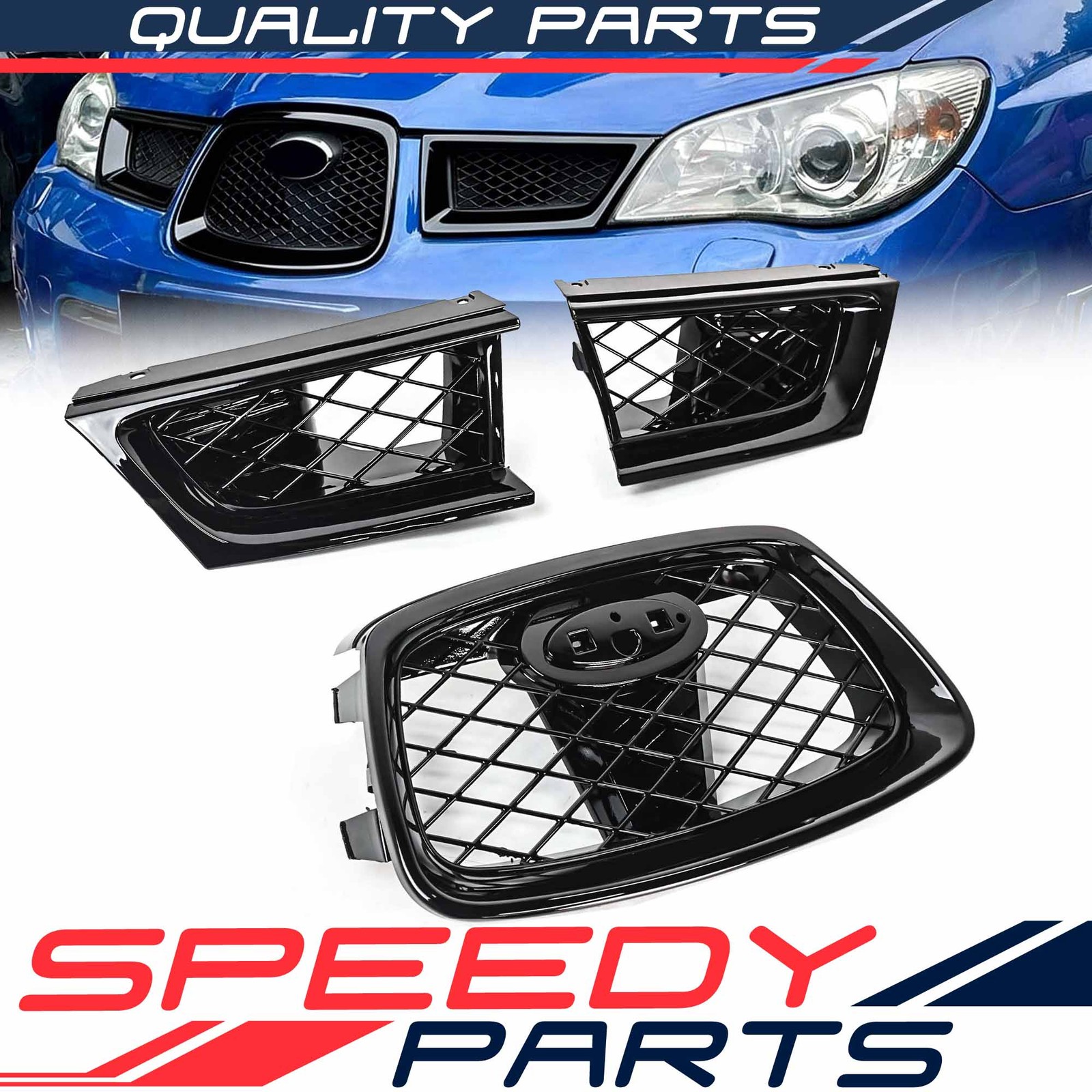 3pc For Subaru Impreza WRX STI 2006-2007 Gloss Black Front Bumper Grill Radiator