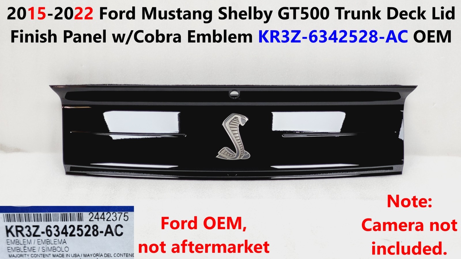 2015-2022 Ford Mustang Shelby GT500 Trunk Deck Lid Panel w/Cobra KR3Z-6342528-AC