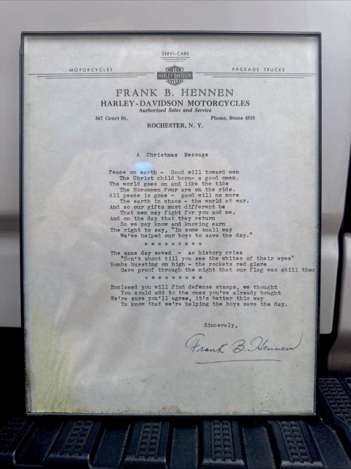 c1940 Harley Davidson Frank B. Hennen Dealer N.Y. SIGNED Christmas POEM An