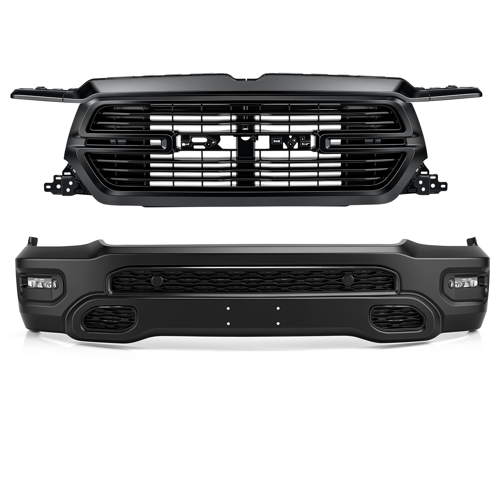 For 2019-2024 RAM 1500 Black Front Bumper & Grille Assembly with Fog Lights