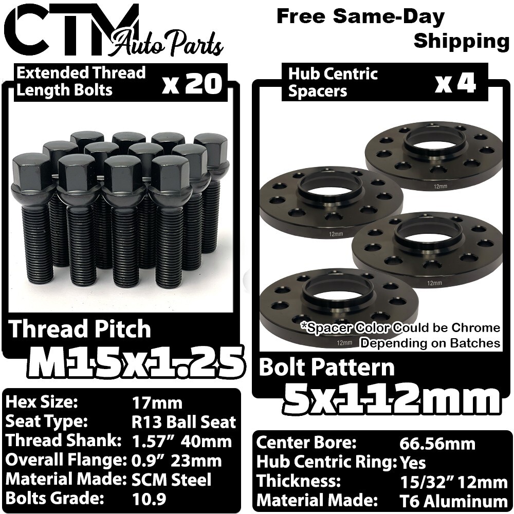 4x 12mm 5x112 HubCentric Wheel Spacer 15x1.25 Black Bolt Fit Mercedes Stock Rim