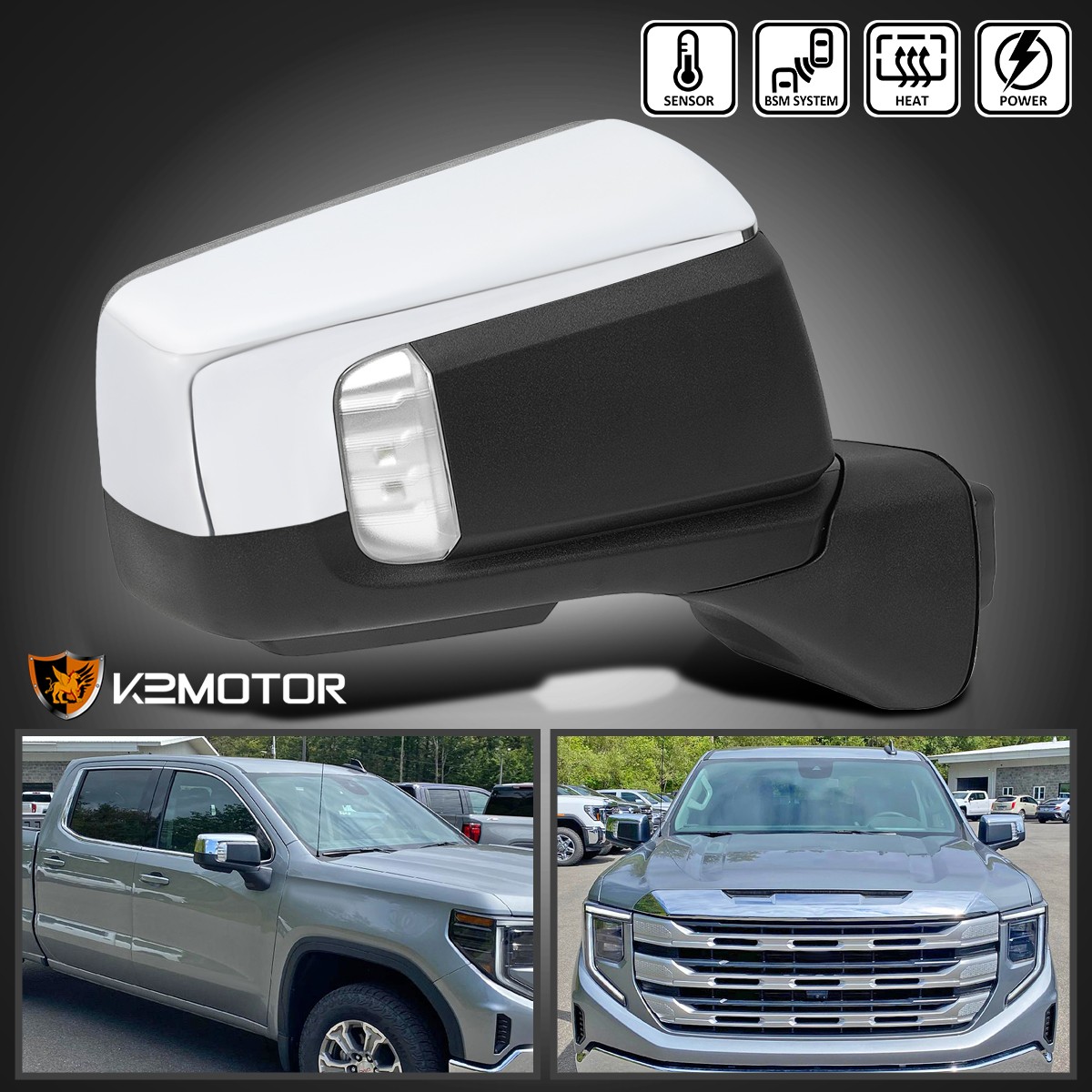 Right Side Fits 2019-2026 GMC Sierra 1500 Chrome Power Heated Mirror+Temp+BSD