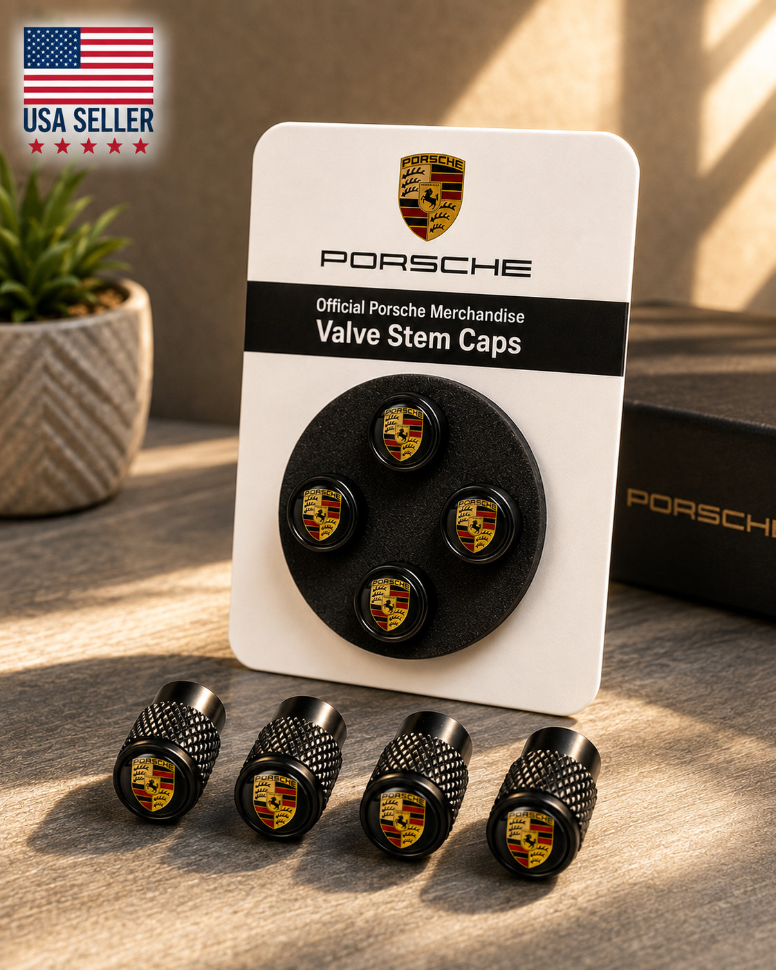 Porsche Style Premium Tyre Valve Stem Caps 4x Aluminium Gloss Black Silver gloss