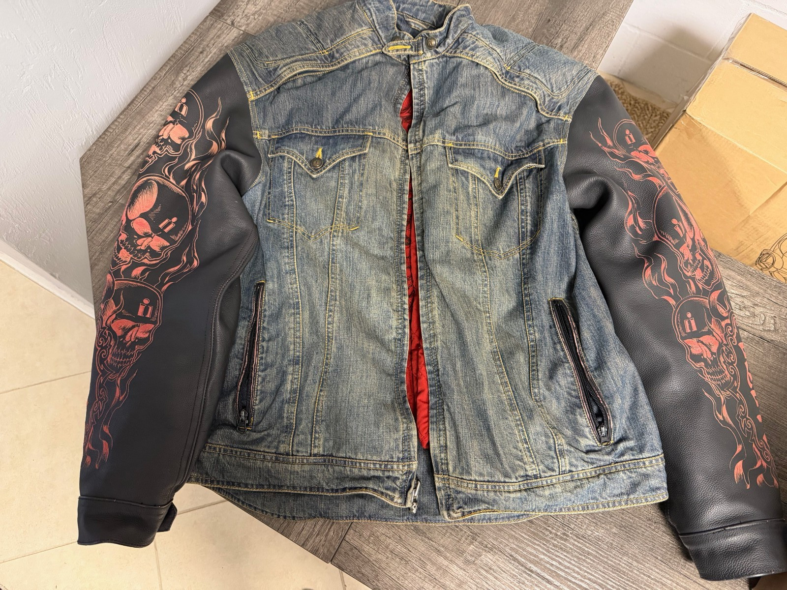 Vintage Strongarm Jacket Icon Moto Vintage Skulls Denim Leather Men Size 2XL