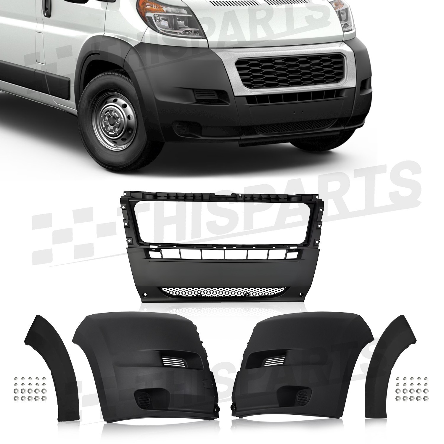 3PC For 2018-2022 Ram Promaster 1500 2500 3500 Front Bumper Covers W/Side Flares