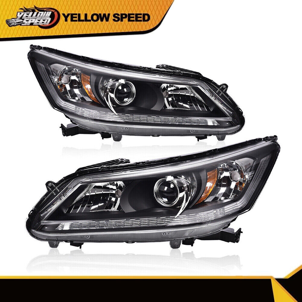 Fit For 2013-2015 Honda Accord w/ LED DRL Black Projector Headlights Left+Right