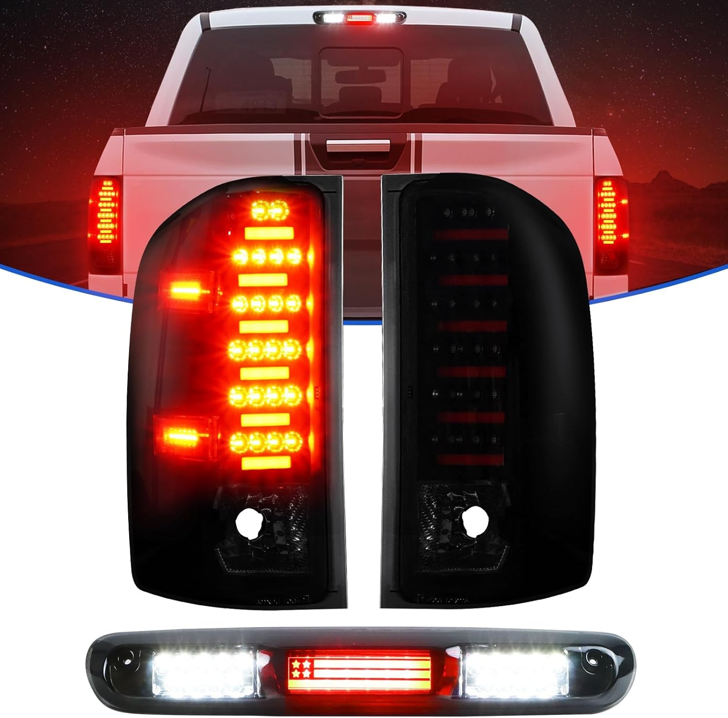 LED Tail Lights Light + 3rd Brake A, Black Housing Smoke Lens 
