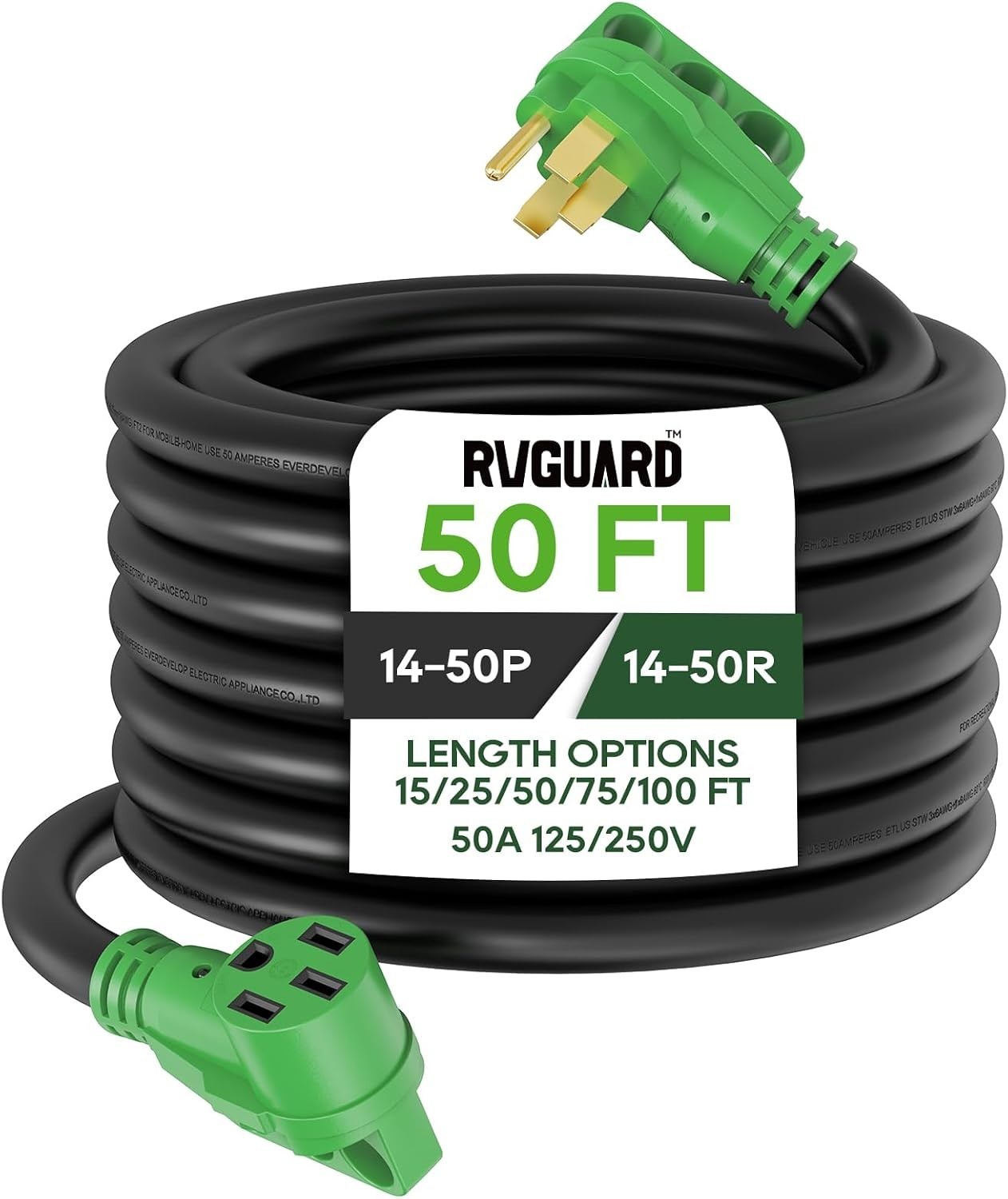 RVGUARD 50 Amp 50 Feet RV/EV Extension Cord 14-50P to 14-50R 6 AWG/3+8 AWG/1 RVGUARD 50 Amp 50 Feet RV/EV Extension Cord 14-50P to 14-50R 6 AWG/3+8 AWG/1