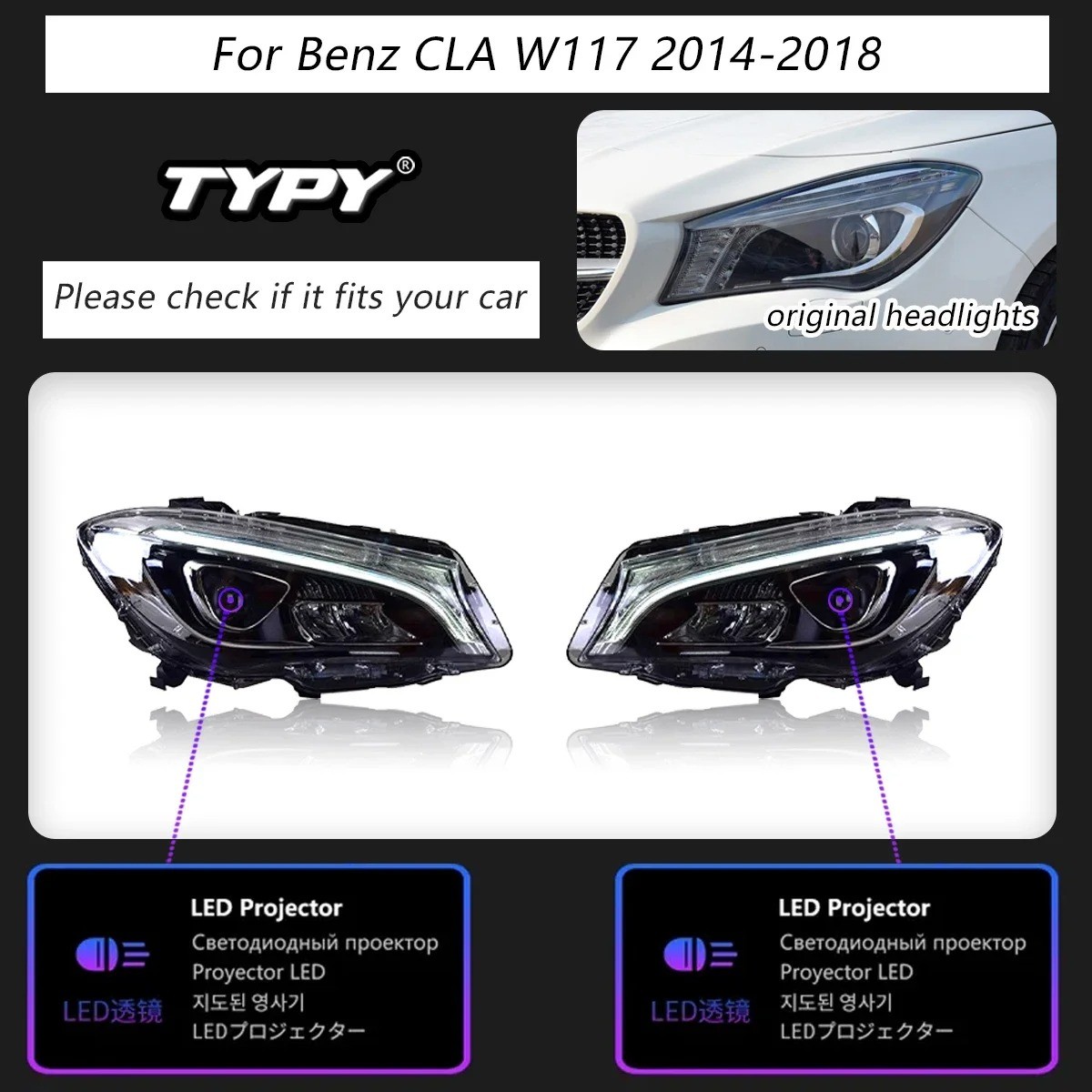 For 2014-2019 Mercedes Benz CLA LED DRL Headlights HeadLamp Assembly Set 1 Pair