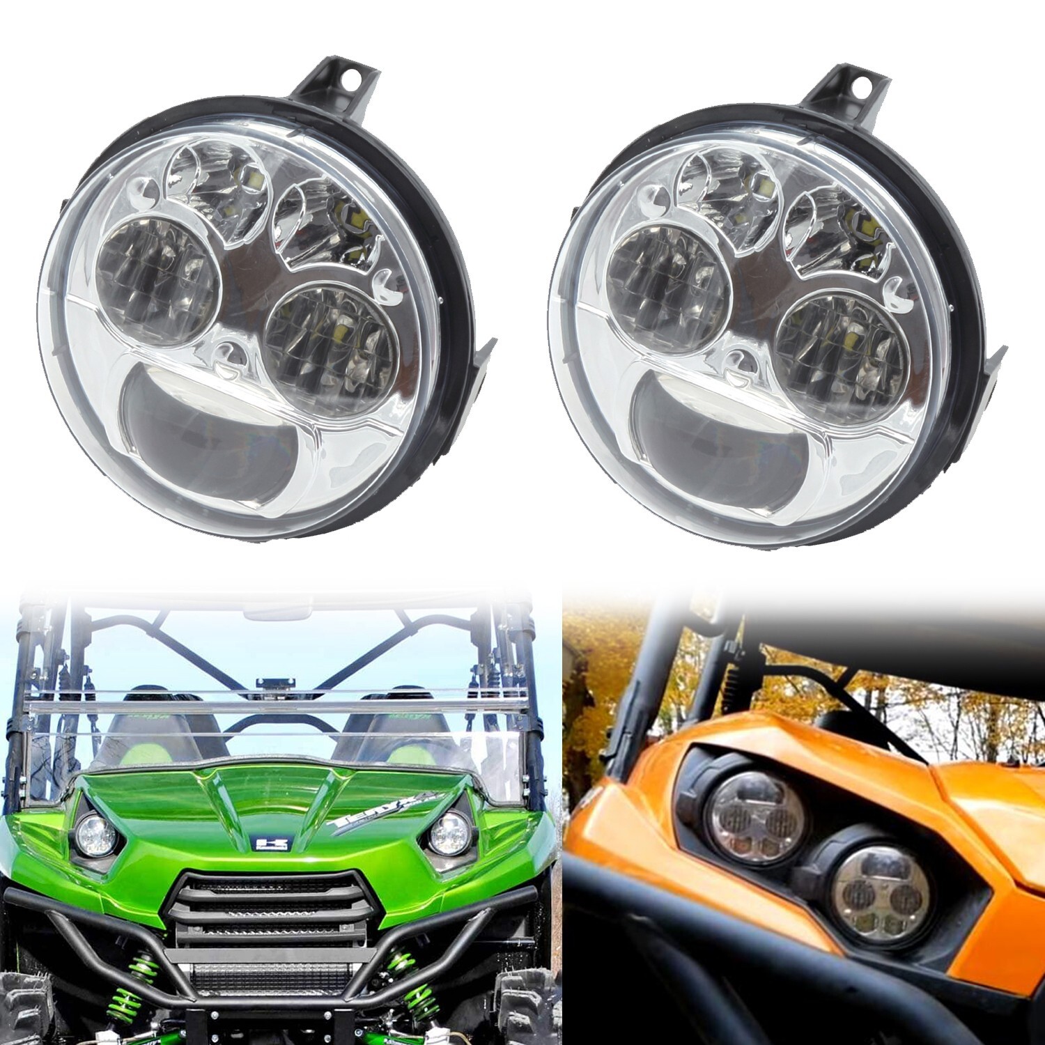Pair Chrome LED Headlights 4 inch Compatible with Kawasaki Brute Force 750/Teryx