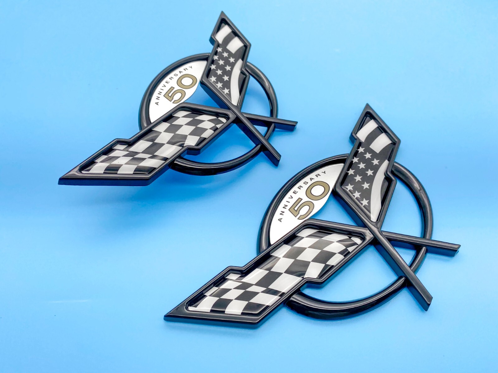 Pair Front Rear 1997-2004 Corvette C5 Emblem Badge 50TH Anniversary Black Flag