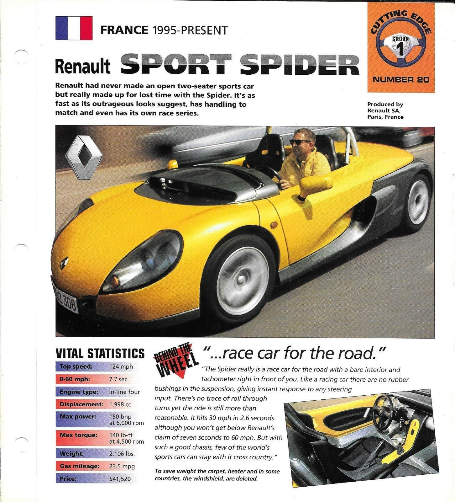 Cutting Edge folder 1995-1998 RENAULT SPORT SPIDER SPEC SHEET fact card Hot Cars