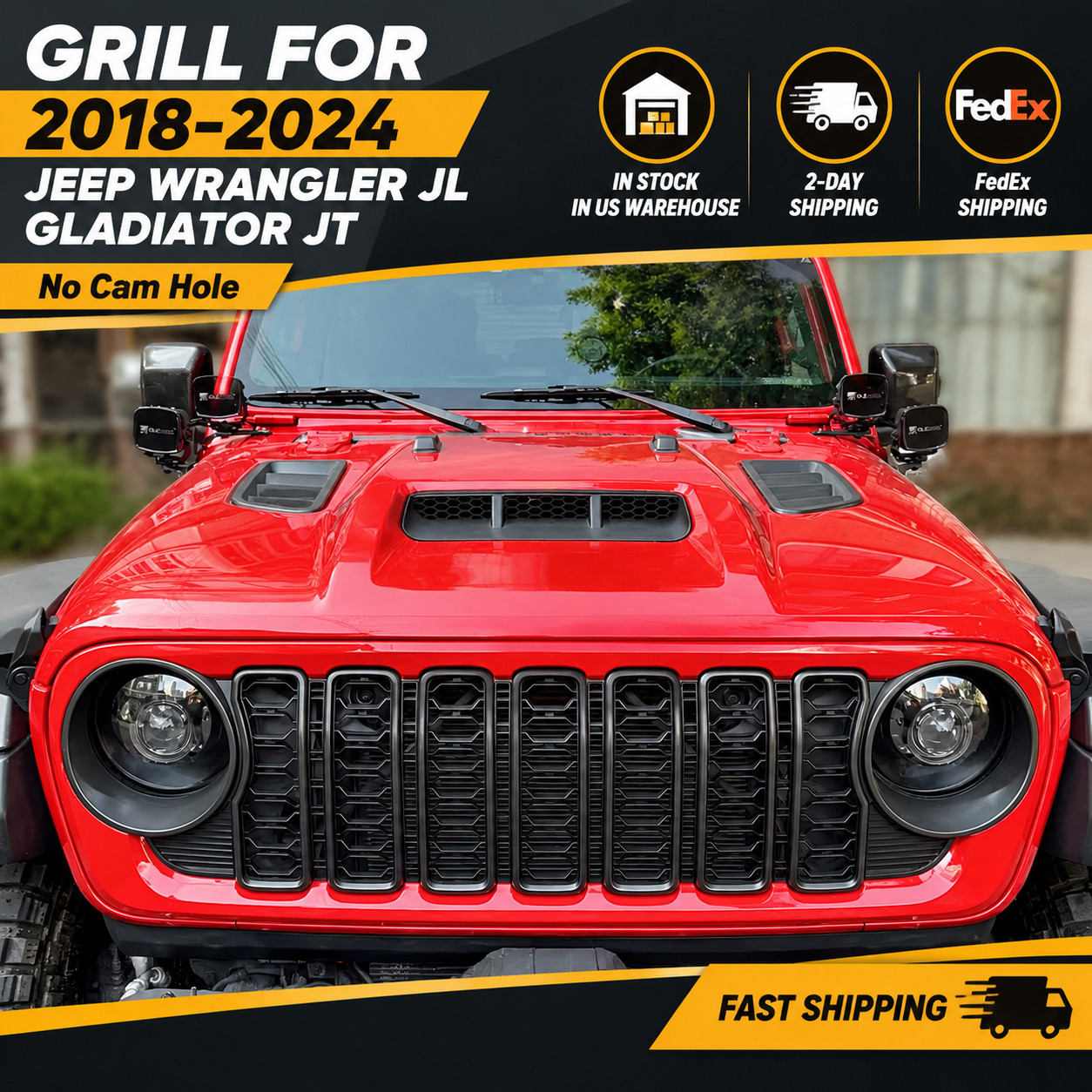 US STOCK Red Front Grill for 2018-2024 Jeep Wrangler JL Gladiator JT No Cam Hole US STOCK Red Front Grill for 2018-2024 Jeep Wrangler JL Gladiator JT No Cam Hole