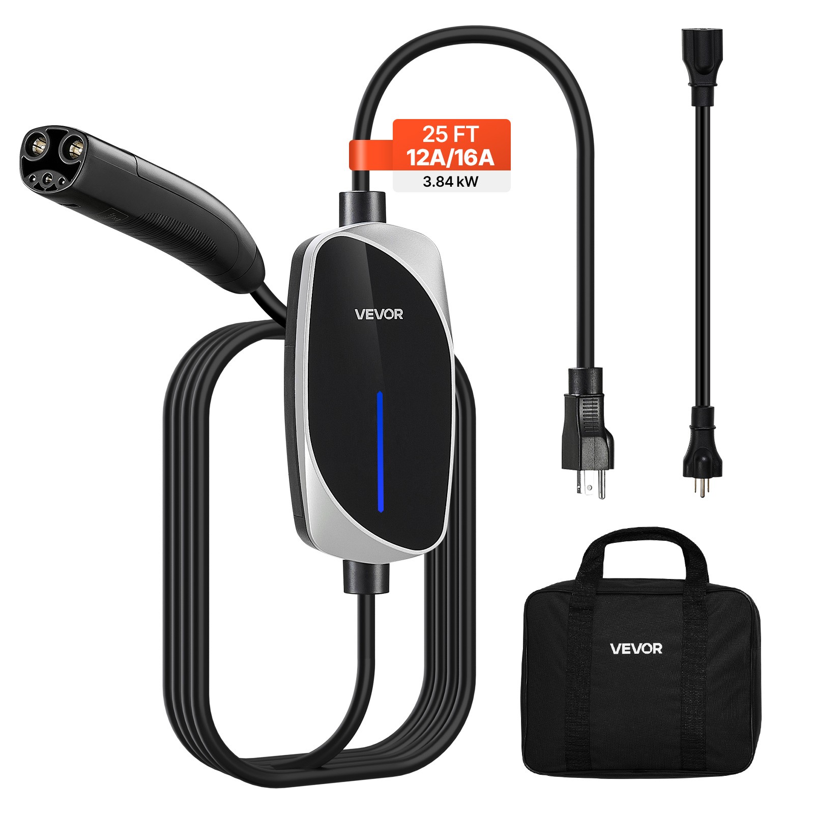VEVOR Level 1/2 Tesla Charger 16A Portable EV Charger 25 ft Cable 120V-240V NEMA