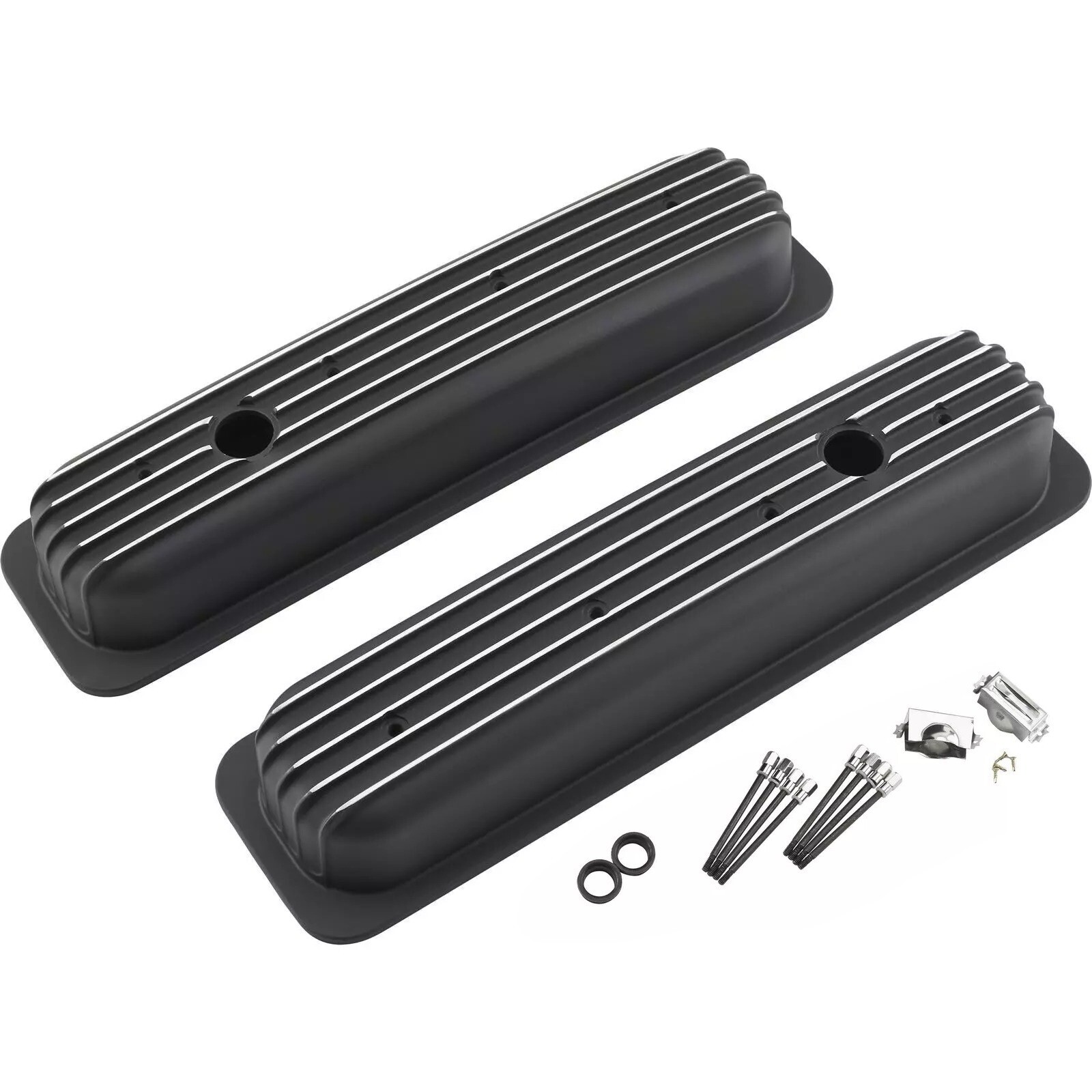 Black Short Finned Aluminum Valve Covers For Small Block Chevy 350 Vortec TBI