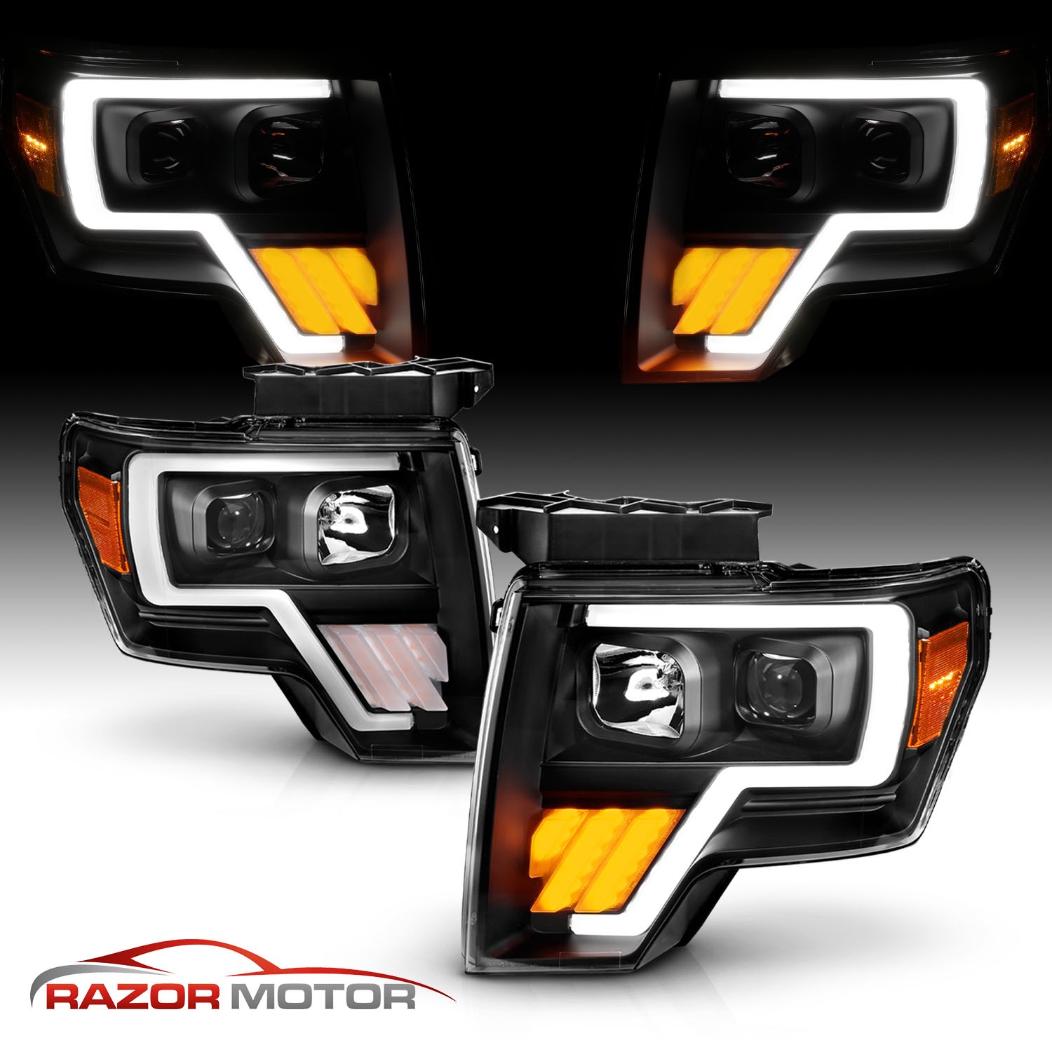 For 2009-2013 Ford F150 LED Projector Black Headlights