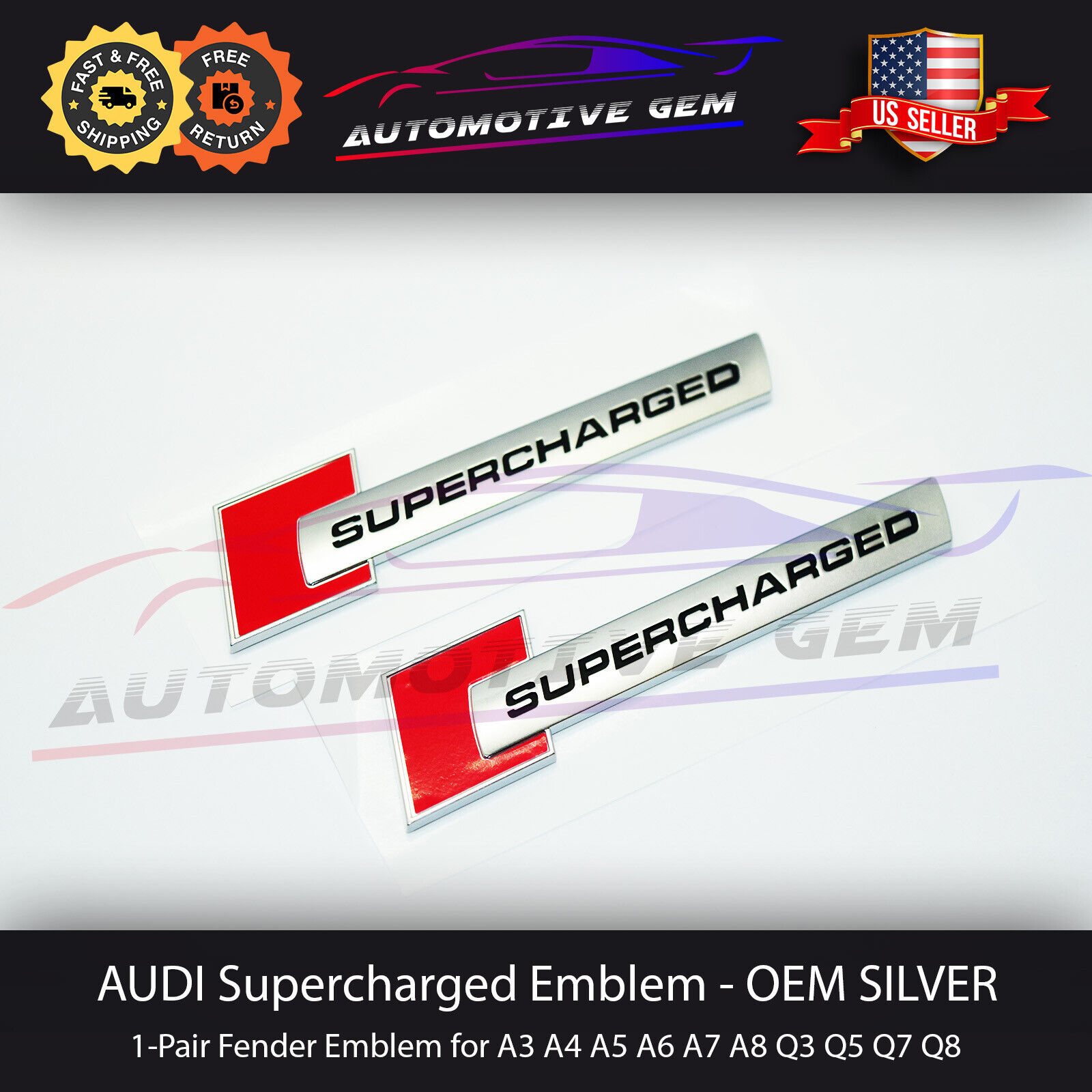 Audi Supercharged Emblem Side Fender Badge Logo Chrome Red Sticker Pair OEM
