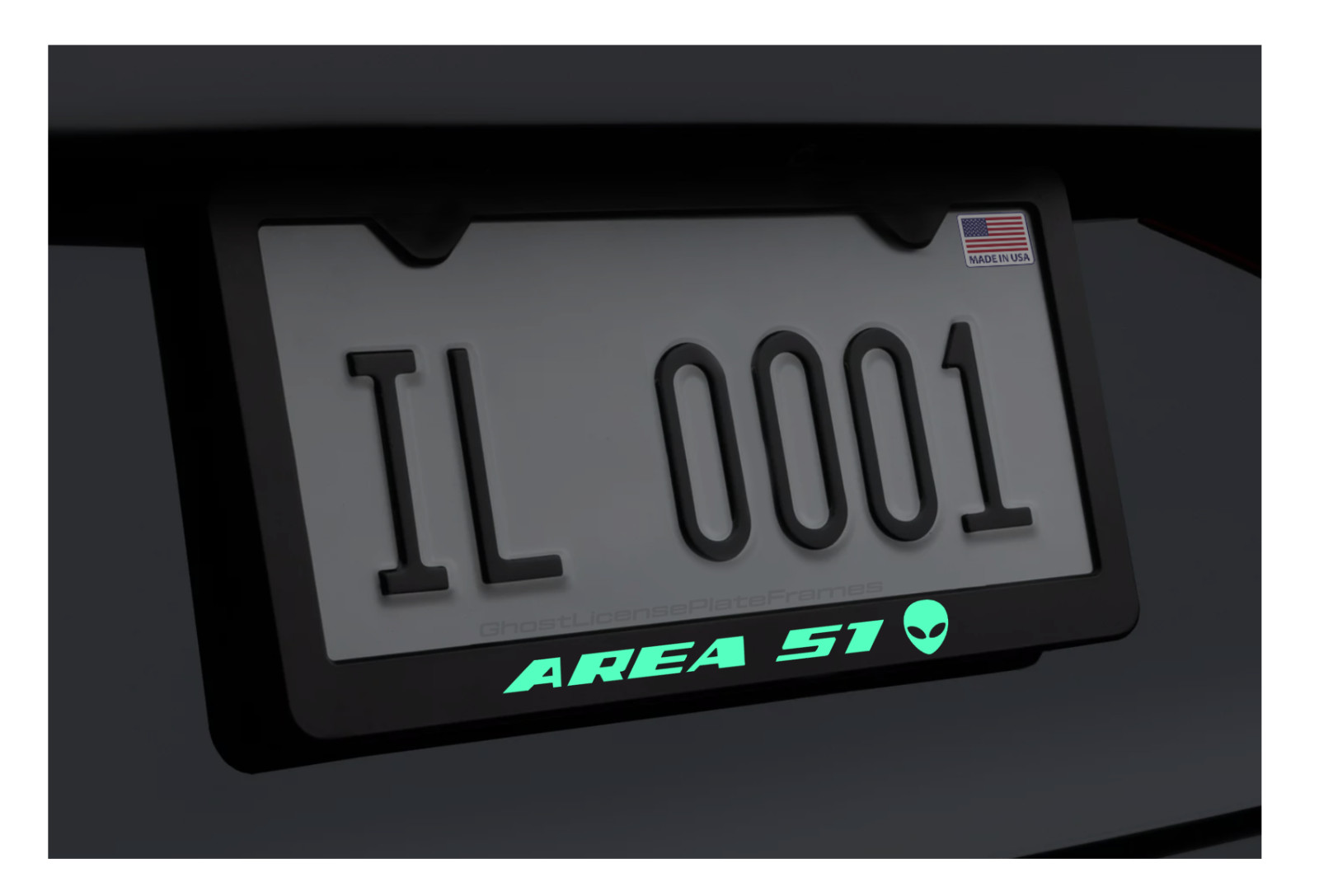 Glowing Area 51 Alien UFO License Plate Frame Premium Stainless Steel Black