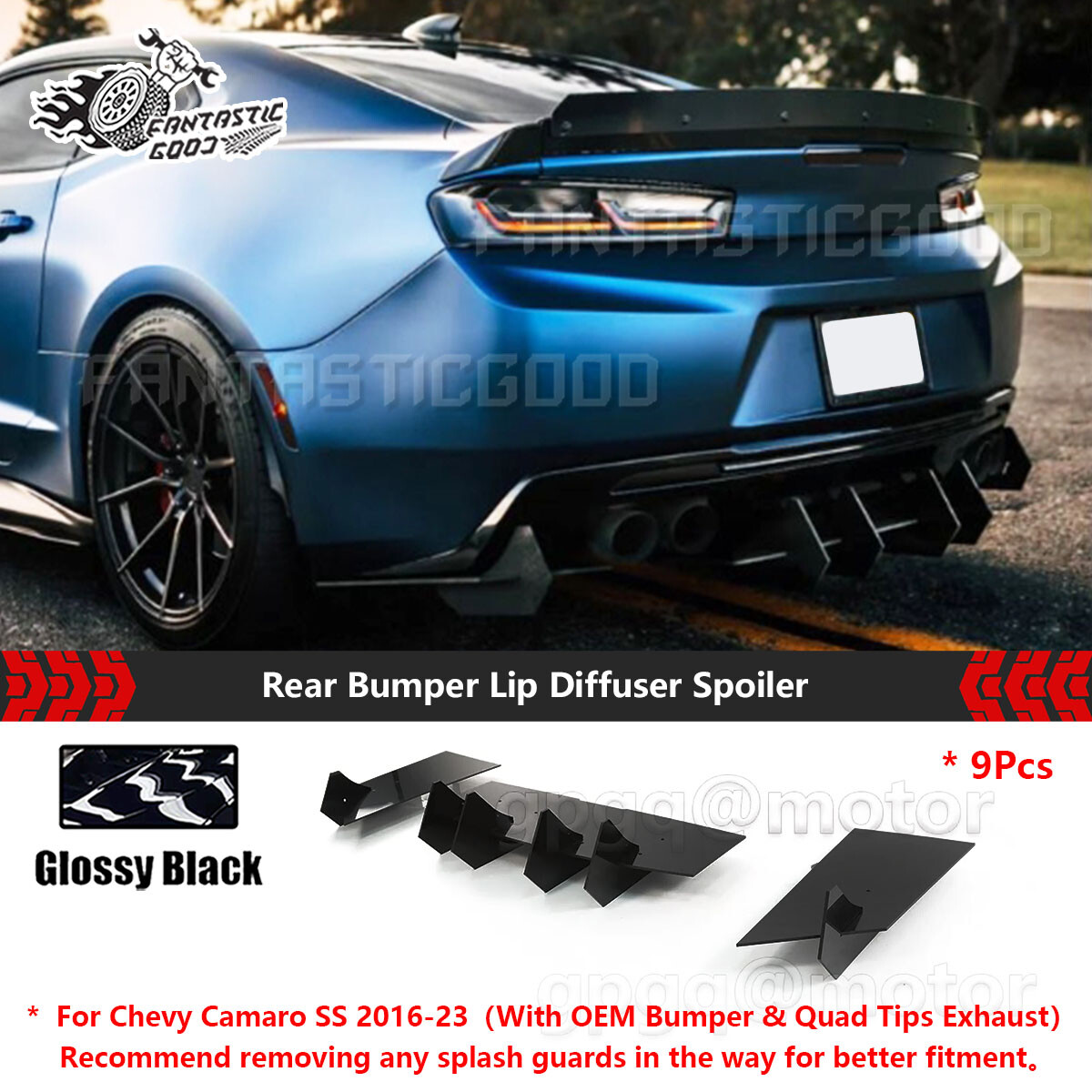 For Chevy Camaro SS/RS/LS/LT 16-23 Gloss Black V2 Rear Diffuser & Side Splitters For Chevy Camaro SS/RS/LS/LT 16-23 Gloss Black V2 Rear Diffuser & Side Splitters