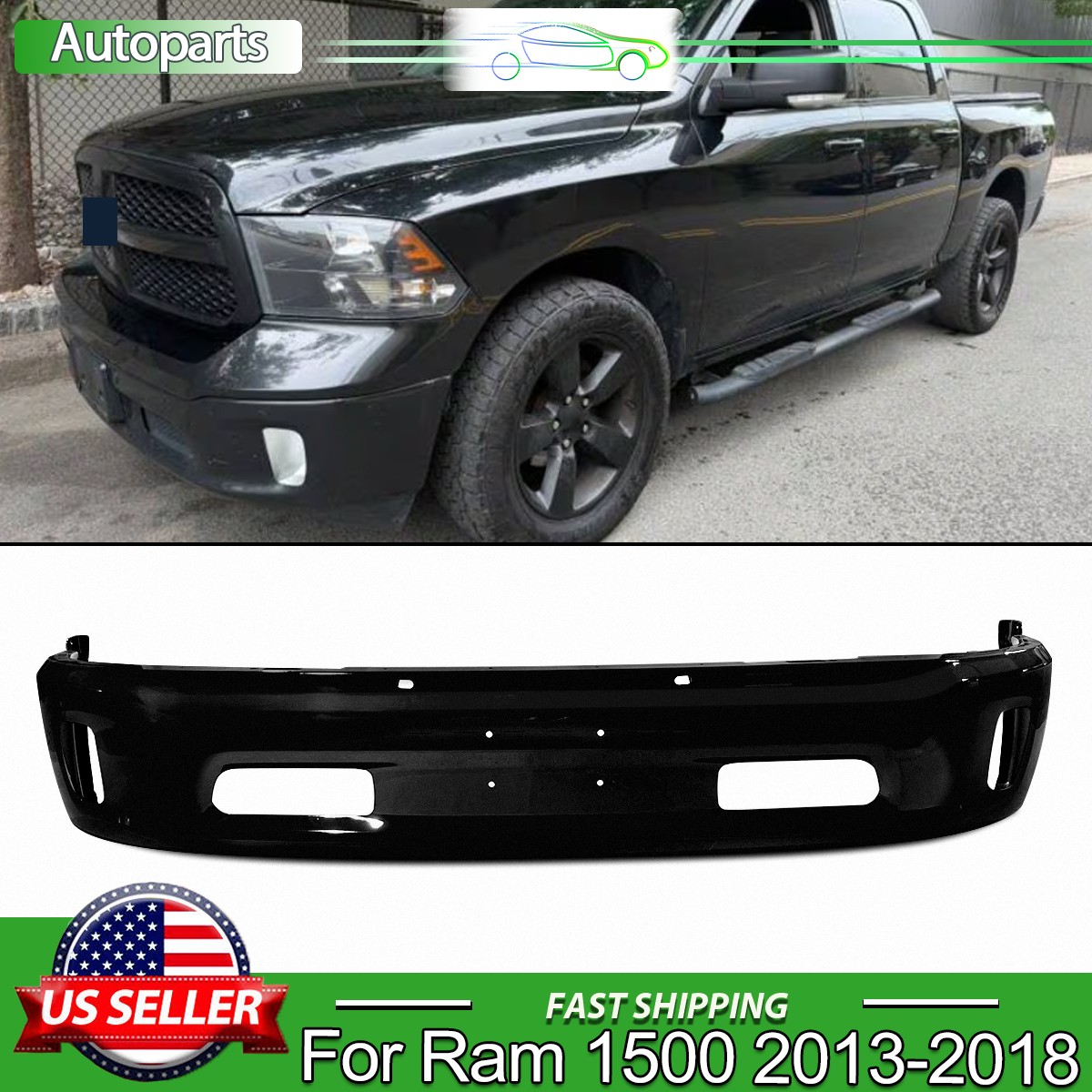 For 2013-18 RAM 1500 New Brilliant Black Front Bumper Cover W/ Fog Hole Replace