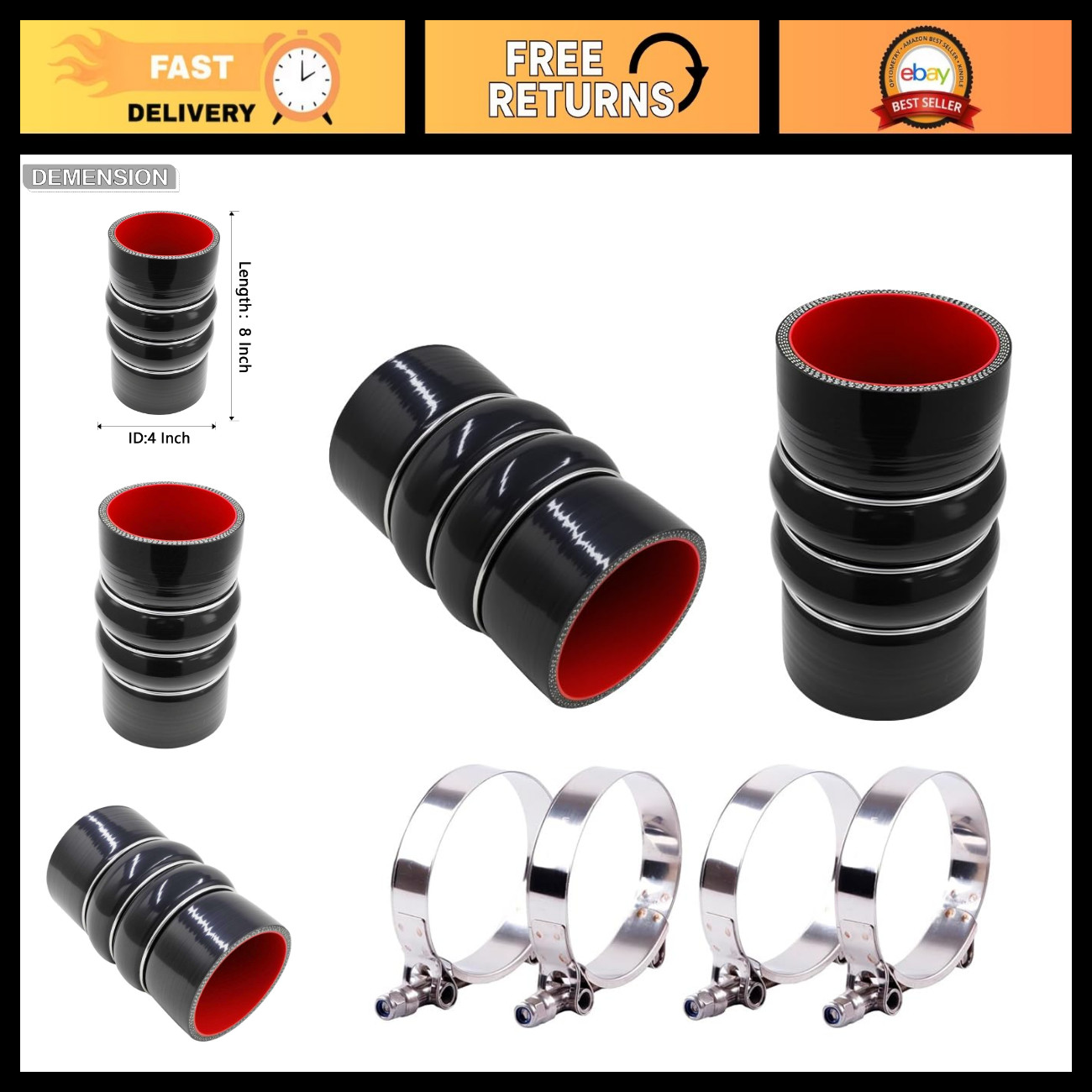 2PCS 4x8 Inch Silicone Charge Air Cooler Hump Hose Boot with Clamps - Durable & 2PCS 4x8 Inch Silicone Charge Air Cooler Hump Hose Boot with Clamps - Durable &