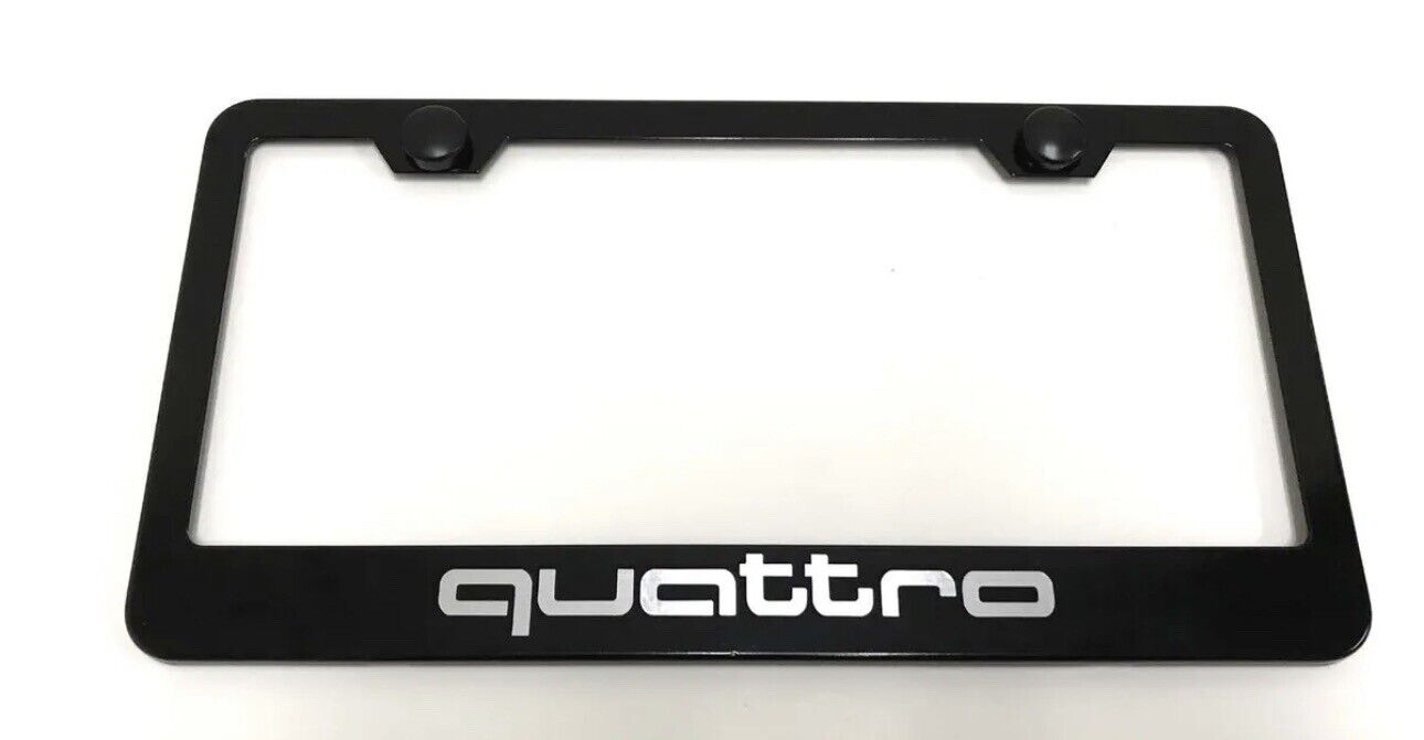 QUATTRO Laser Style BLACK Stainless Steel License Plate Frame w/bolt caps