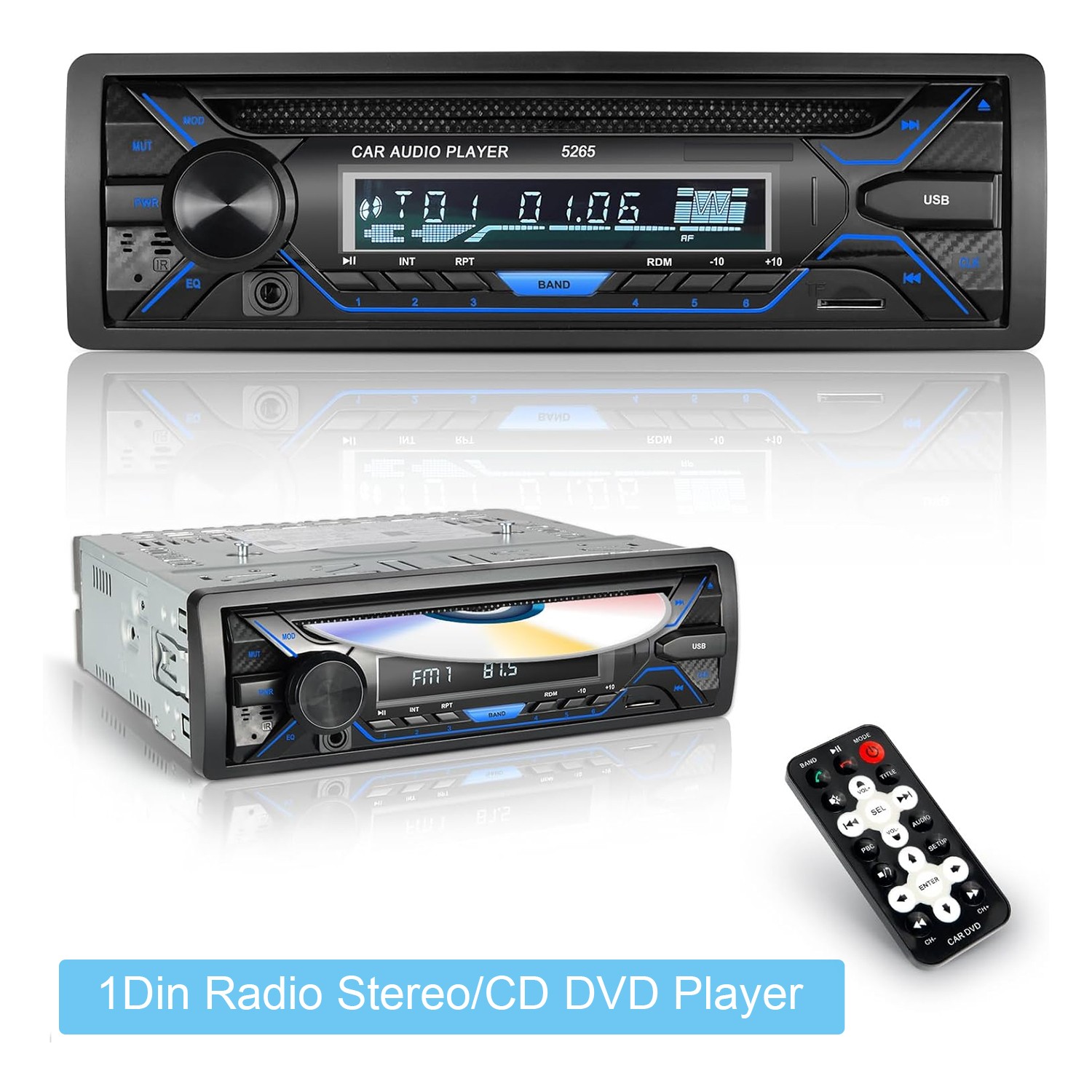 Single 1Din Bluetooth Car Stereo with CD DVD Player AM/FM Radio SD Card Playback