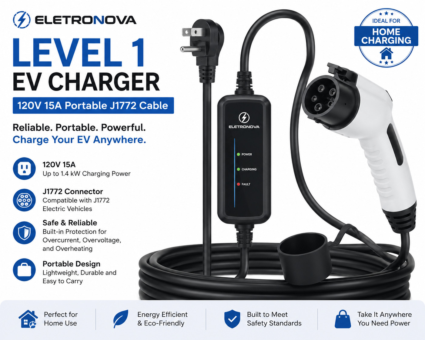 Eletronova Level 1 EV Charger 120V 15A Portable J1772 Cable for Electric Cars