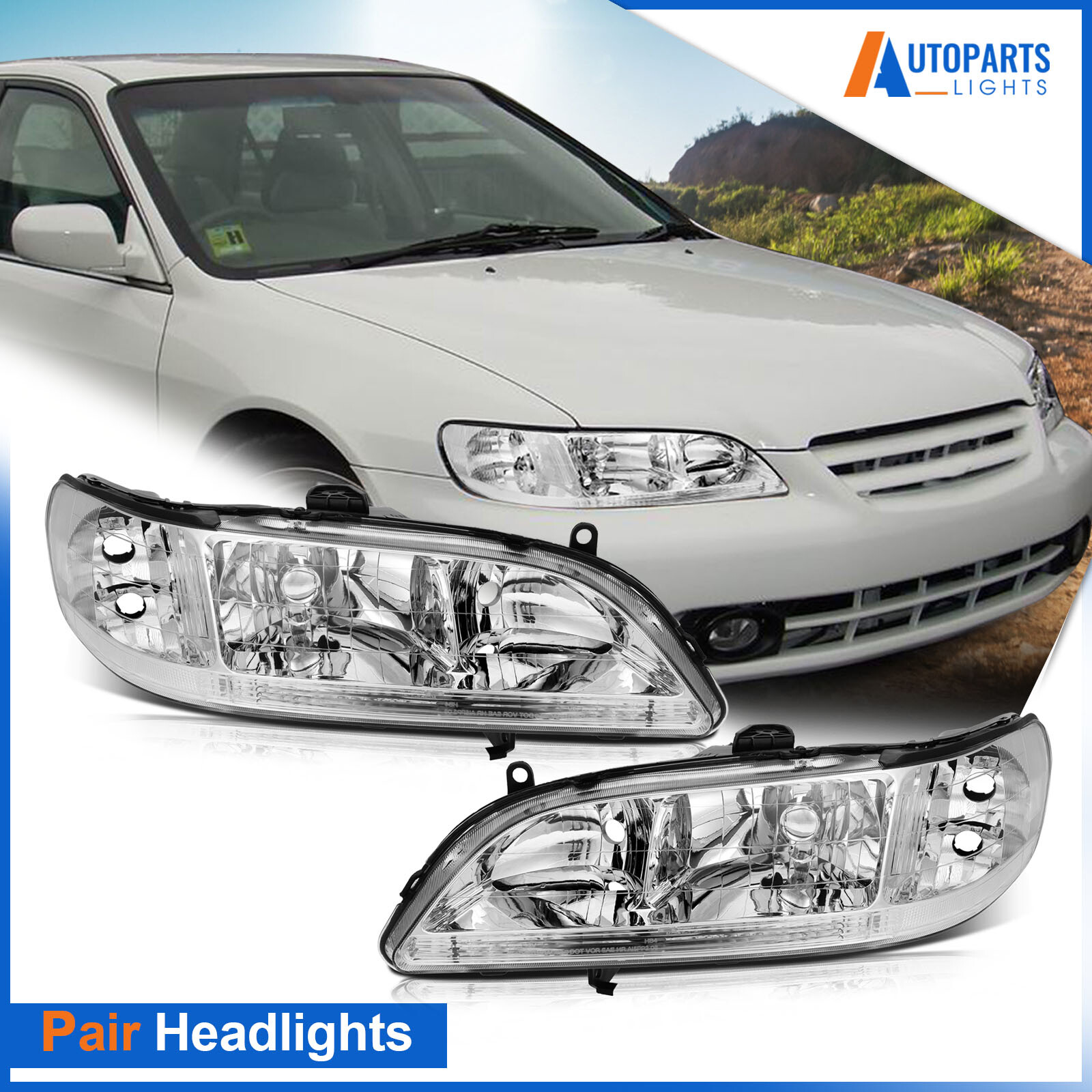 For 1998-2002 Honda Accord Chrome Housing Headlight Assembly Left Right Pair