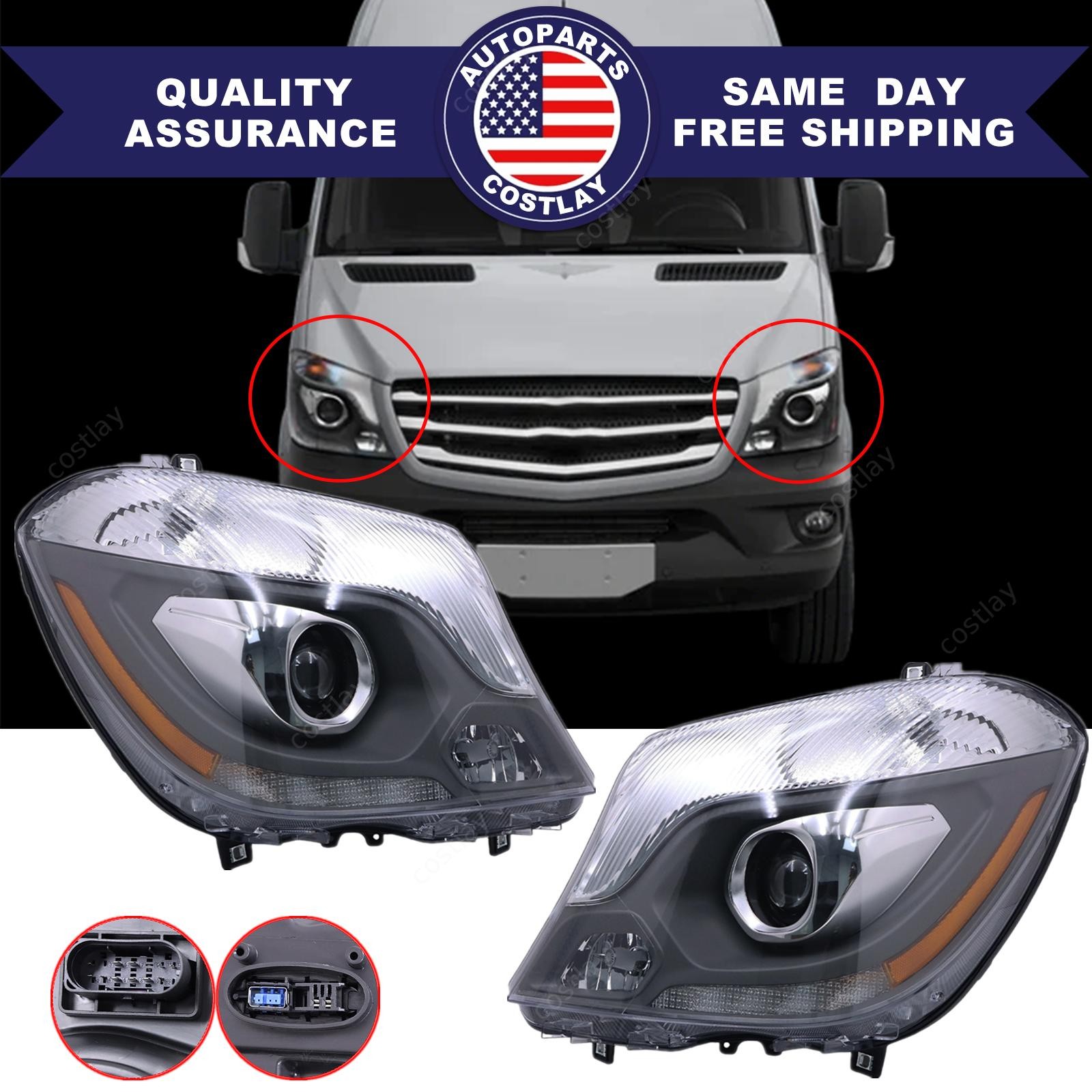 Pair Xenon HID Headlights For 2014-2018 Mercedes Sprinter 2500 3500 Left+Right
