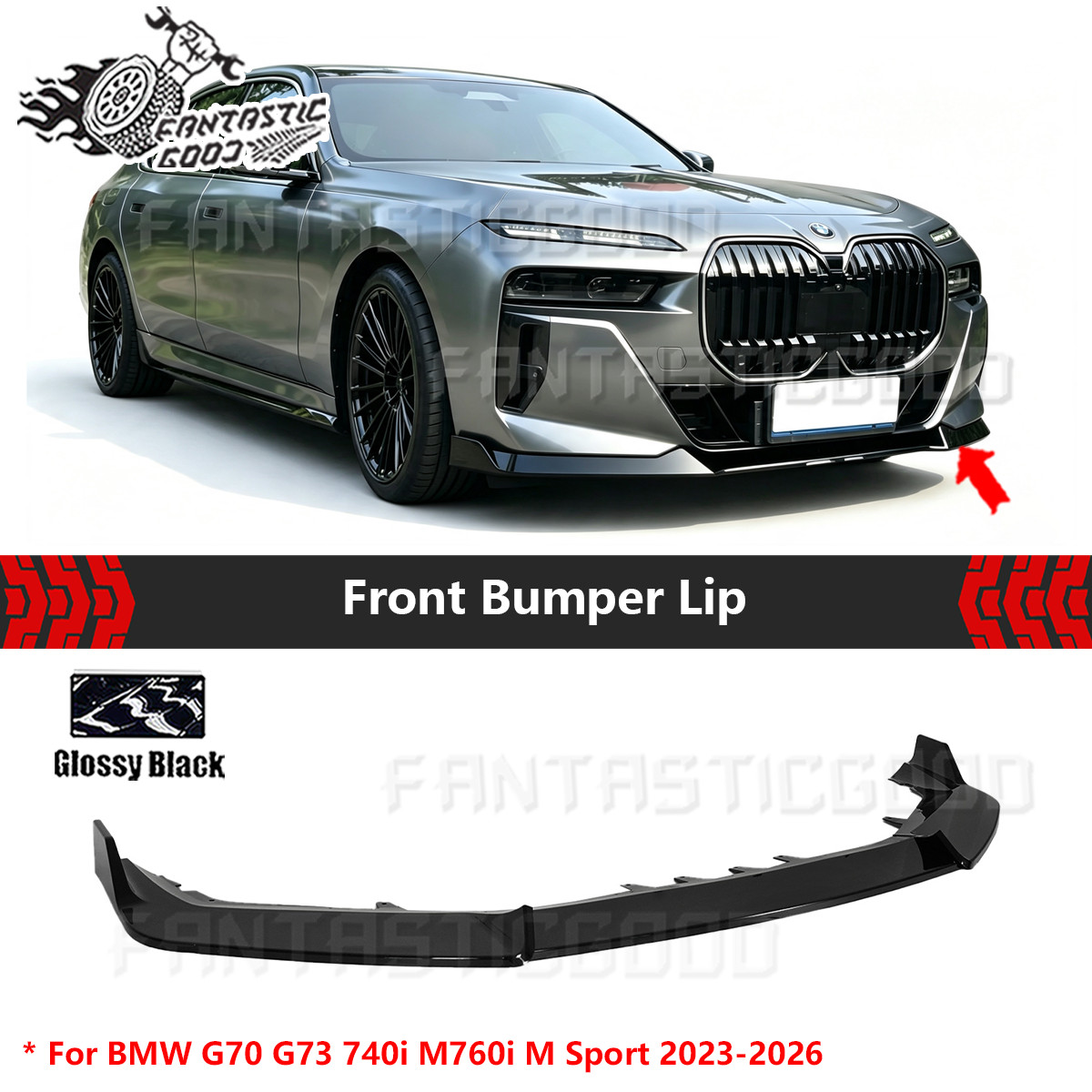 For BMW G70 G73 740i M760i M Sport 2023-26 GT Style Front Bumper Lip Gloss Black
